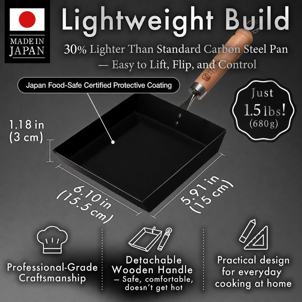 HIBINO Tamagoyaki Pfanne aus Karbonstahl, hergestellt in Japan, antihaftbeschichtet, gleichmäßiges Erhitzen, 30 % leichteres Design, japanische Eierpfanne mit abnehmbarem Holzgriff, für Bento