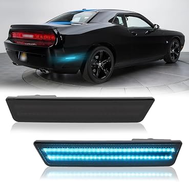 POPMOTORZ Ice Blue LED Side Marker Lights Assembly Compatible With 2008-2014 Dodge Challenger, 2011-2014 Dodge Charger Rear Fender LED Bumper Side Marker Lights Lamps Smoked Lens 2PCS