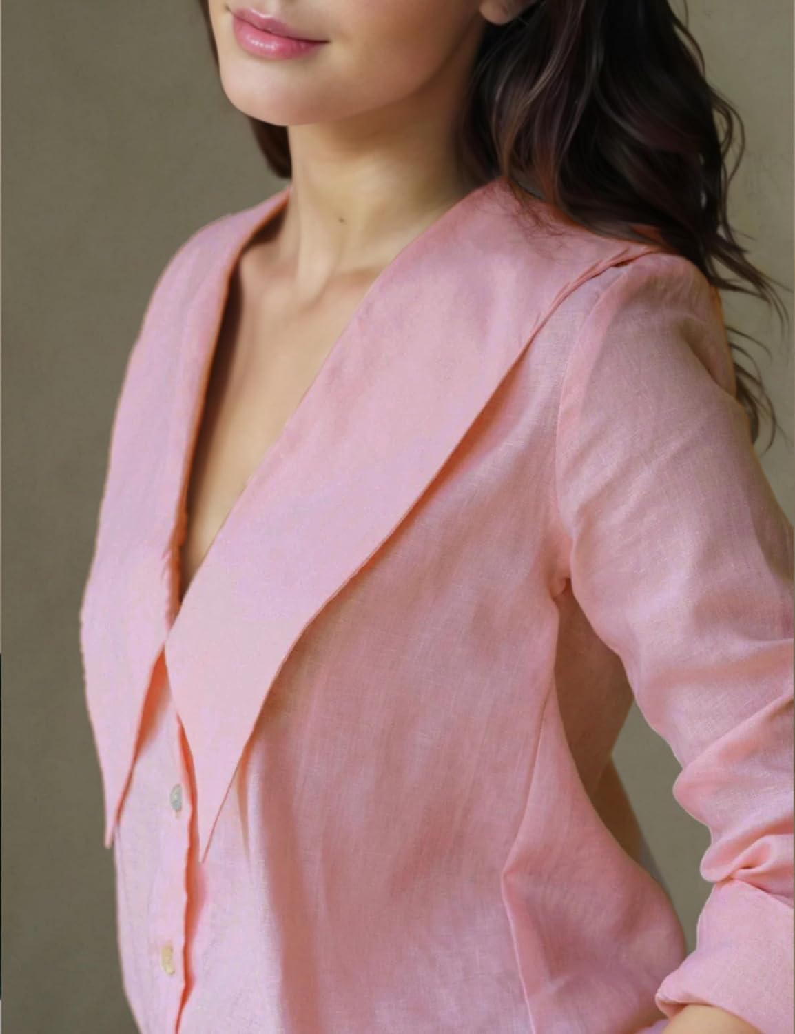 Daacee Women’s Big Collar Blouses Dressy Casual Long Sleeve V Neck Button Down Liene Shirts Ladies Tops(0780-Pink-L) - Image 3