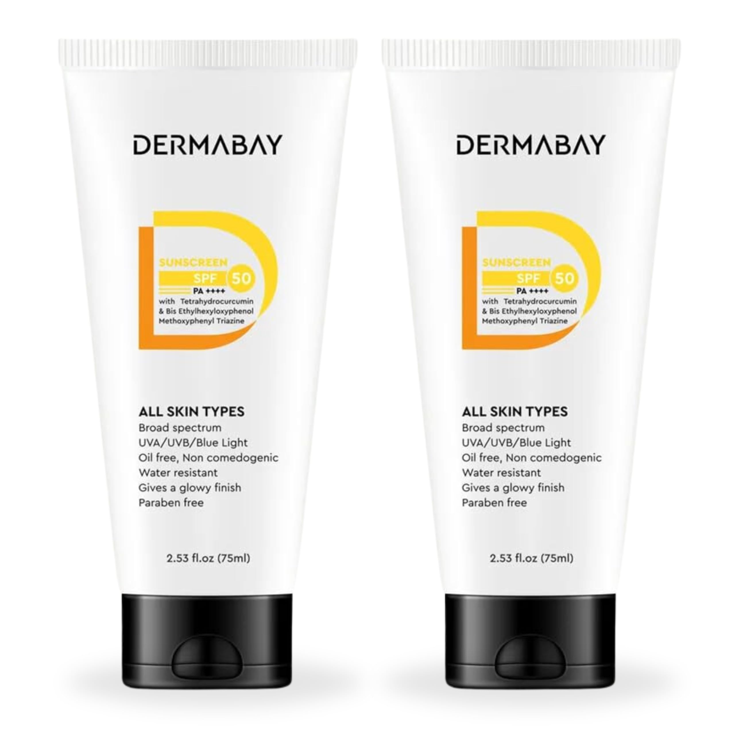 Dermabay Sunscreen SPF 50 PA++++ Invisible Glowy Finish, Quickly Absorbing, Best for Summer and Humid Weather, Water Resistant, Sweatproof, Non Comedogenic, Ideal for Women and Men, 75ml (Pack Of 2)
