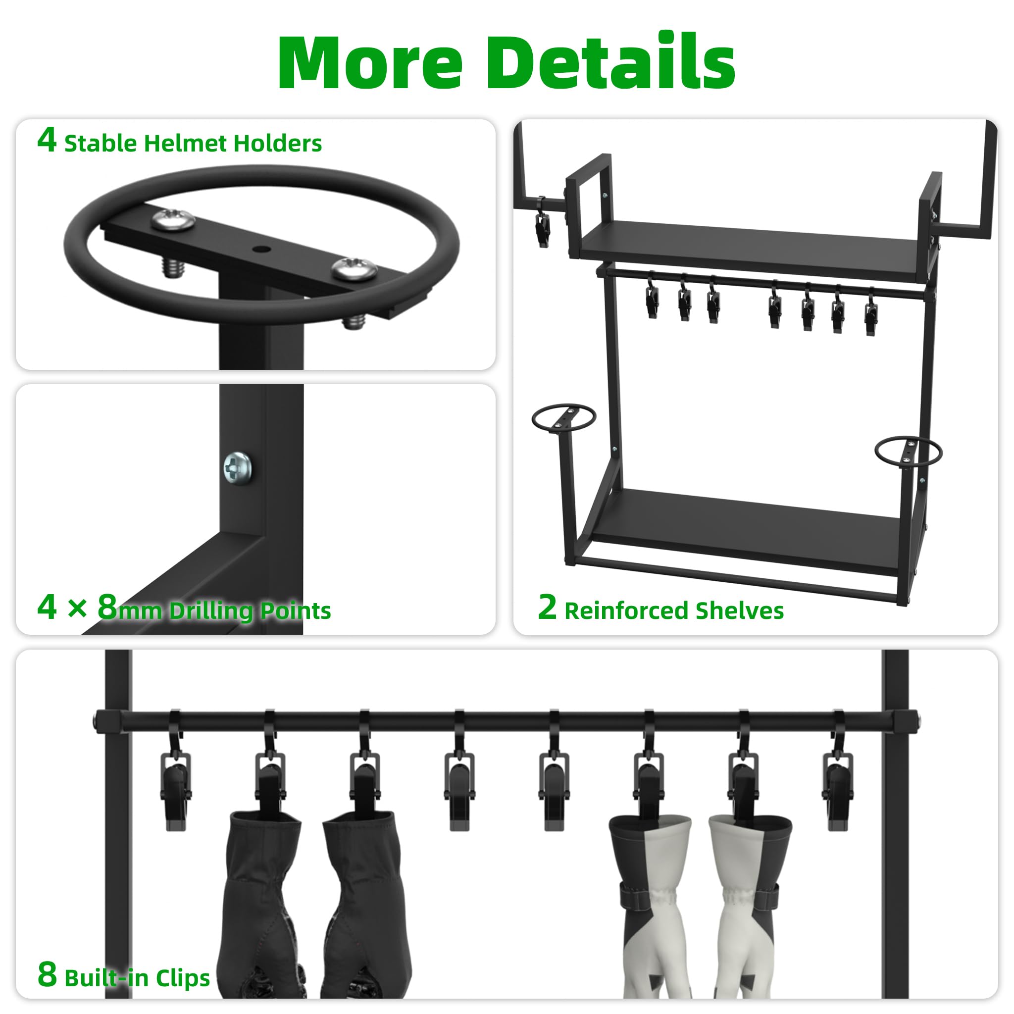 Soporte casco moto, de pared, para 4 cascos, dos niveles, metálico,L | Universal para todos los cascos, doble barra, colgar ropa y guantes, 8 pinzas, robusto, accesorios moto, percheros pared