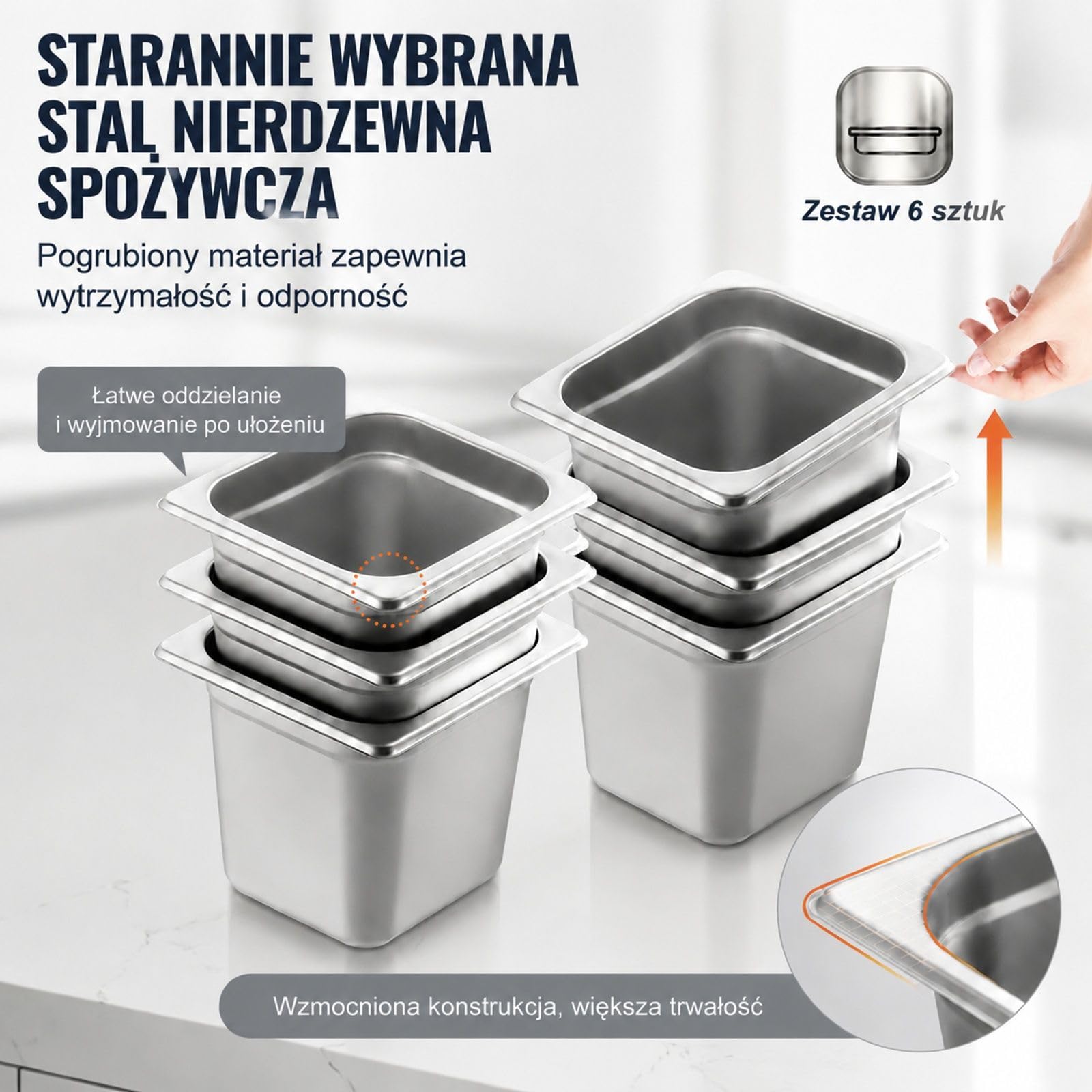 Pojemniki Gastronorm Zestaw 6 Sztuk, Rozmiar 1/6, Stal Nierdzewna 201, 2,42 l, Srebrne, do Bufetu Cateringu Kuchni