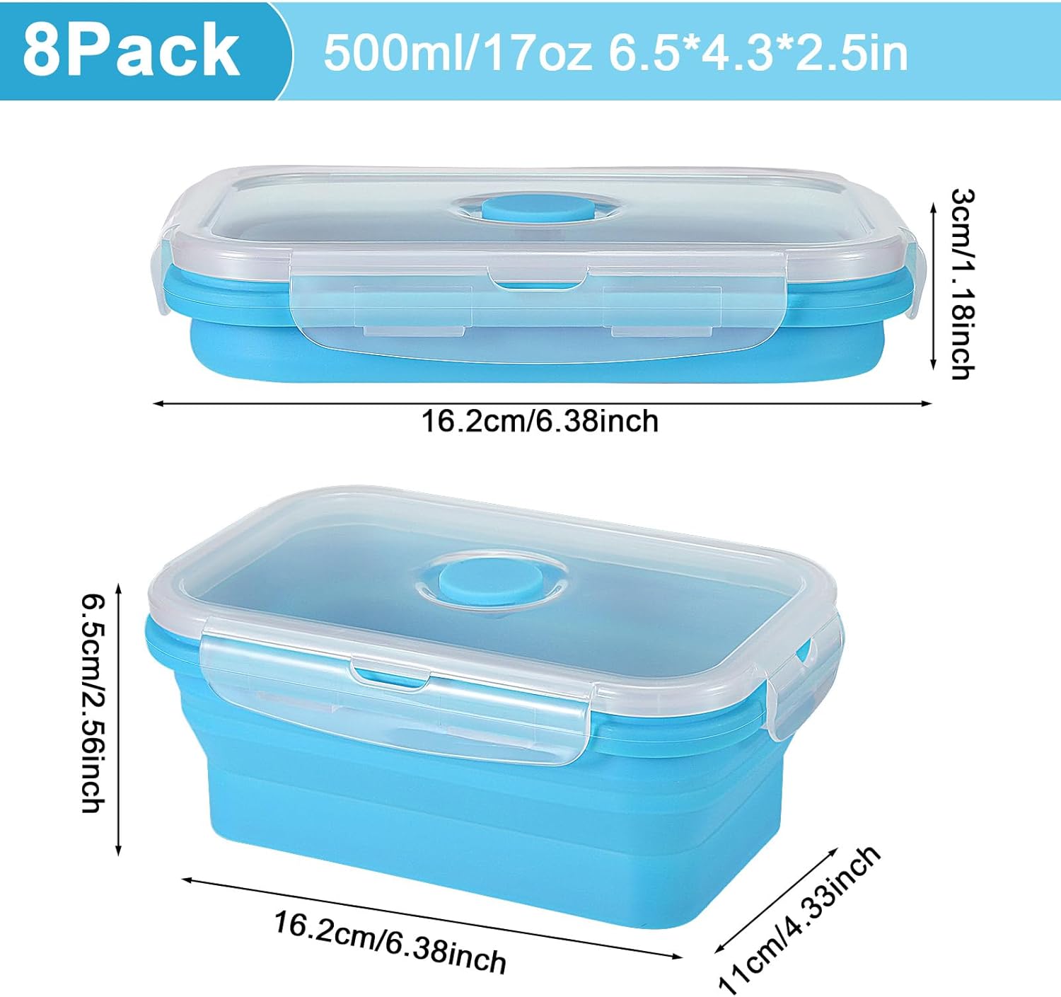 Mifoci Set of 8 Silicone Collapsible Bowls for Camping with Vent Lid Silicone Storage Containers for Food Meal Preparation Square Bowl Microwave Freezer Dishwasher Safe(Blue,17 Oz/ 500 ml)