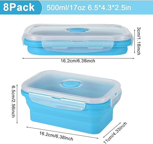 Miniatura 2 de Mifoci Juego de 8 recipientes plegables de silicona para almacenamiento de alimentos de 17 onzas, recipiente cuadrado plegable con tapas de
