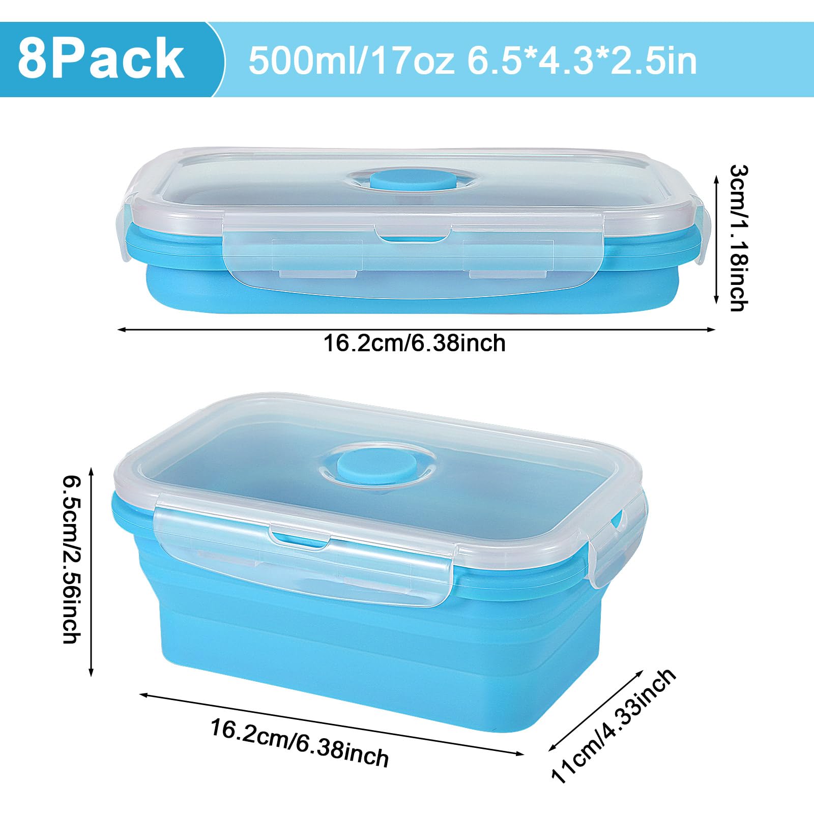 Mifoci Juego de 8 recipientes plegables de silicona para almacenamiento de alimentos, recipiente cuadrado con tapas de ventilación, apto para microondas, congelador y lavavajillas (azul)