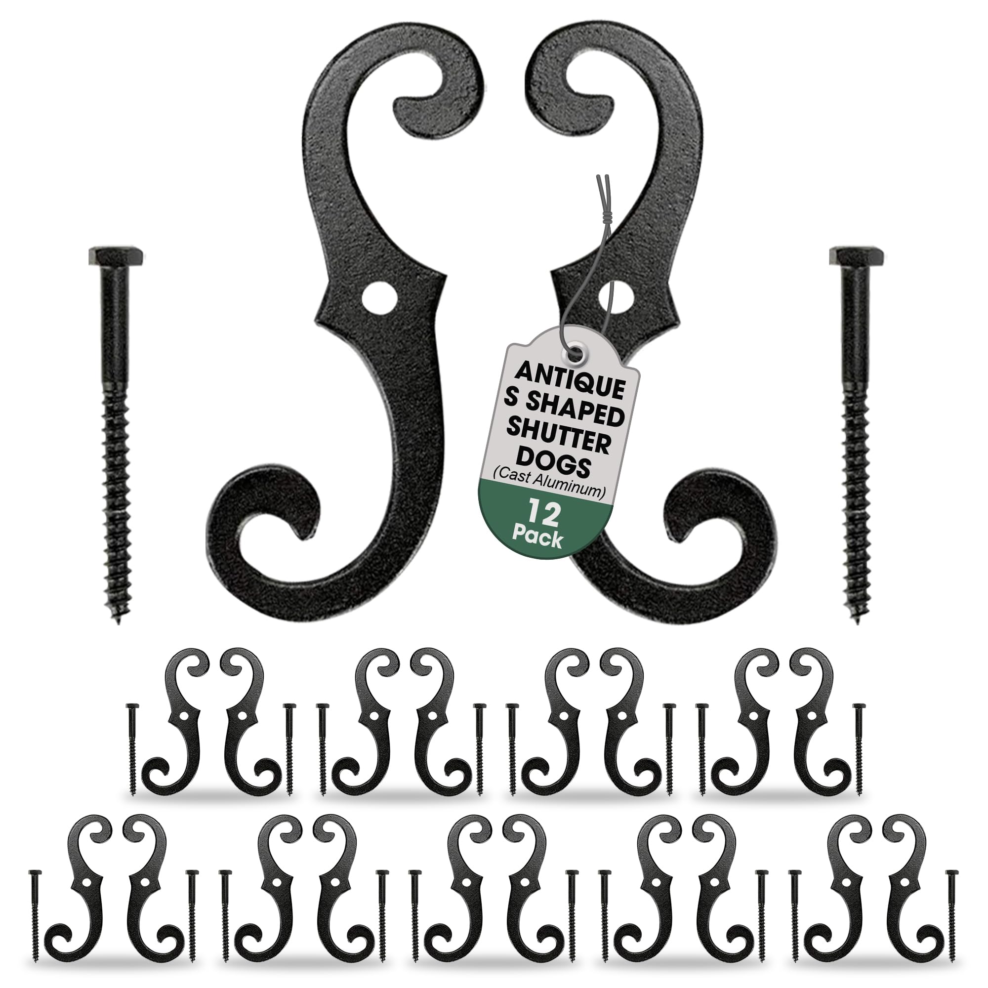 Renovators Supply Manufacturing Black Shutter Dogs 6.5 in. S Shaped Cast Aluminum Shutter Dogs with Mounting Hardware Pack of 12