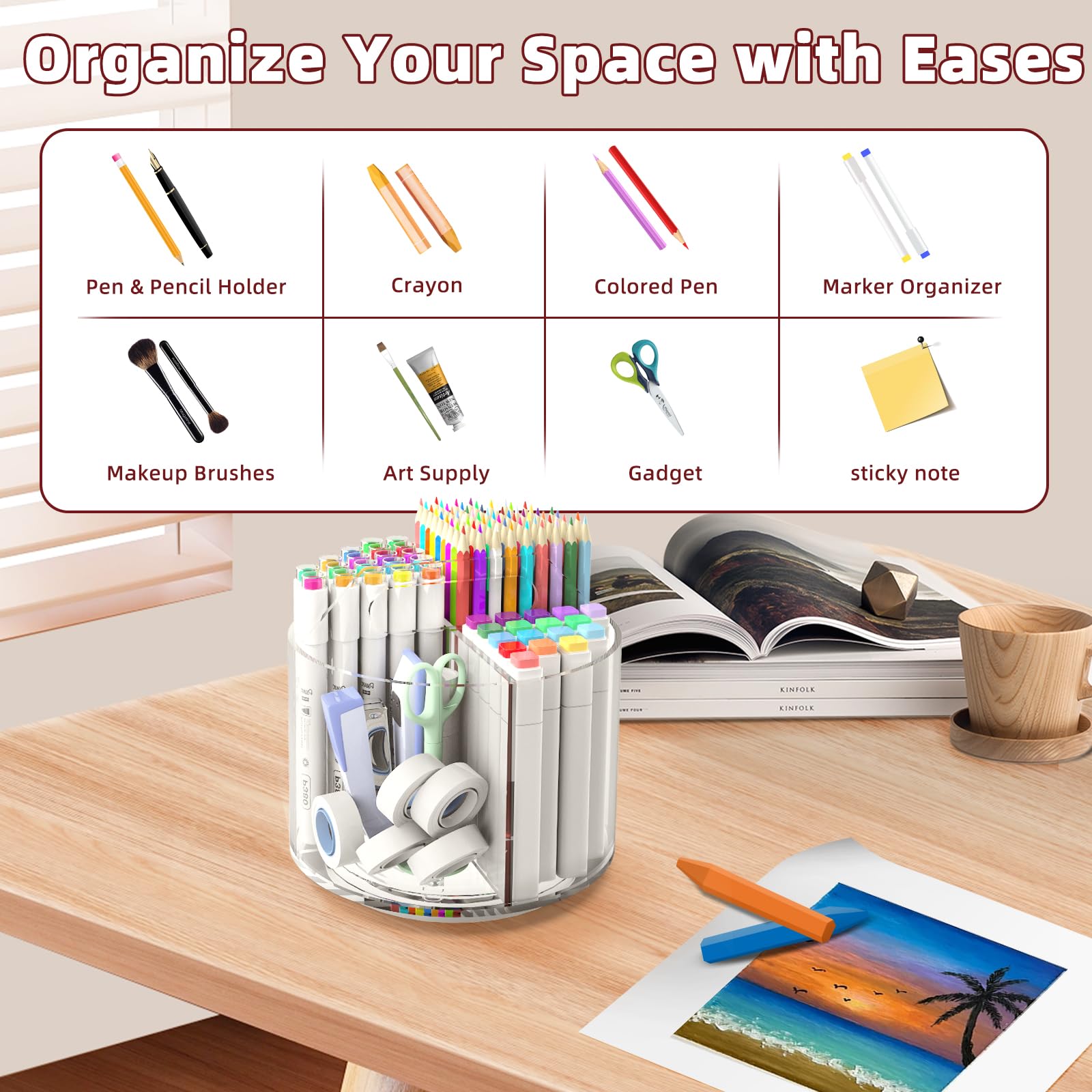 Absonic Portapenne per bambini, portapenne rotante a 360 gradi, organizer da scrivania e stoccaggio, 4 scomparti, organizer per forniture artistiche, organizer da scrivania per bambini in acrilico per