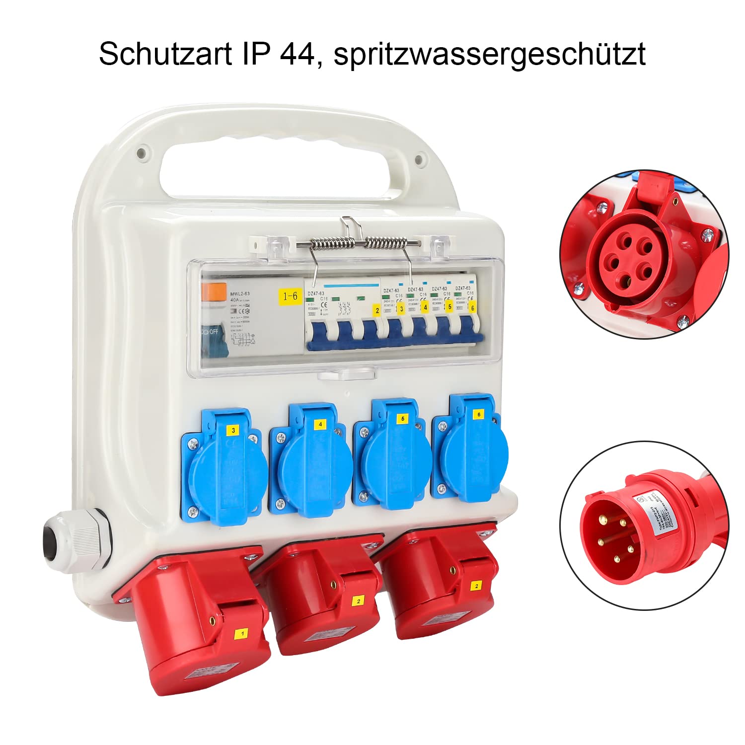 Gimisgu Interruttore di protezione FI, 2 x CEE 400 V/16 A+4 x 230 V Schuko IP44 5 poli, distributore di corrente di costruzione, distributore a parete con cavo di sicurezza per cantieri
