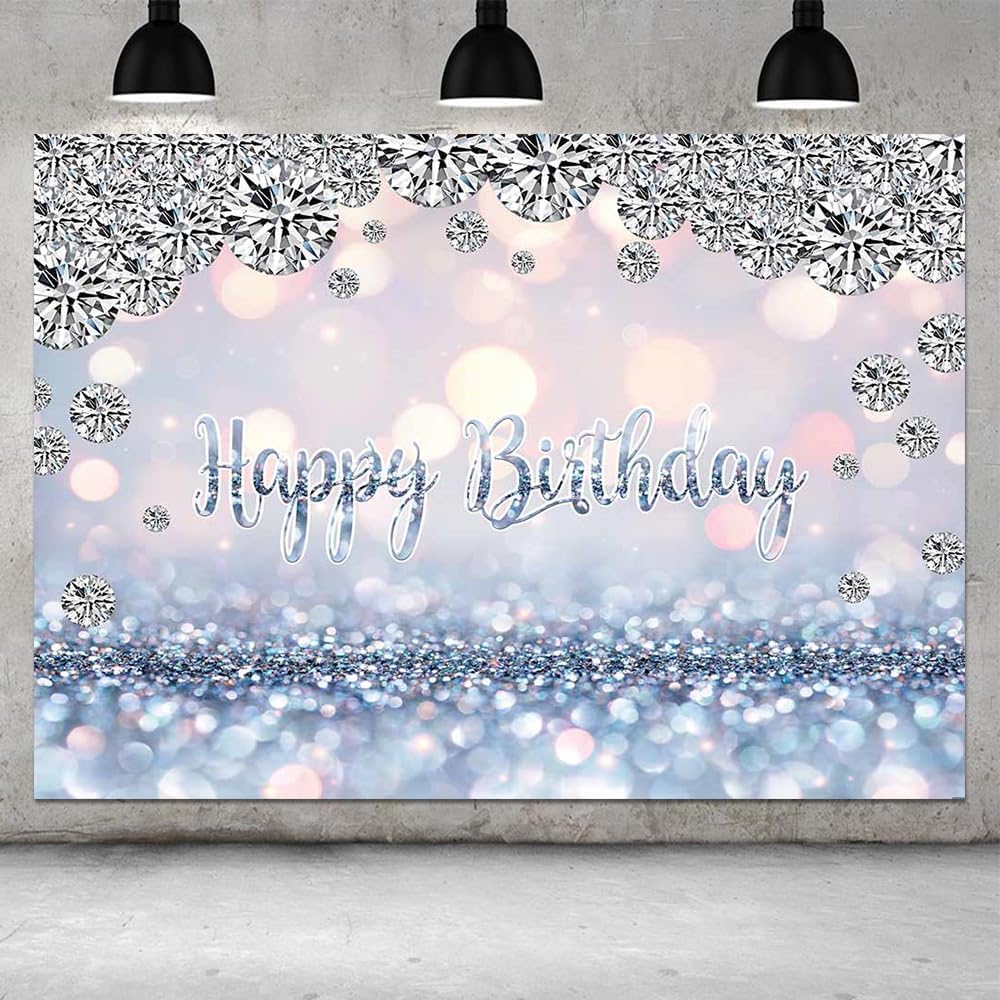 Silver and White Blue Bokeh Shiny Happy Birthday Party Photography Background Shining Diamonds Backdrops for Women Girls Kids Party Cake Table Decoration Banner 5x3ft