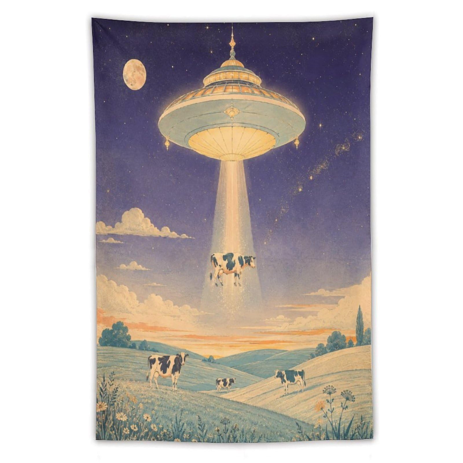 W7C8U2X3 UFO Cattle Moonlit Pasture Wall Tapestry, Oil Painting