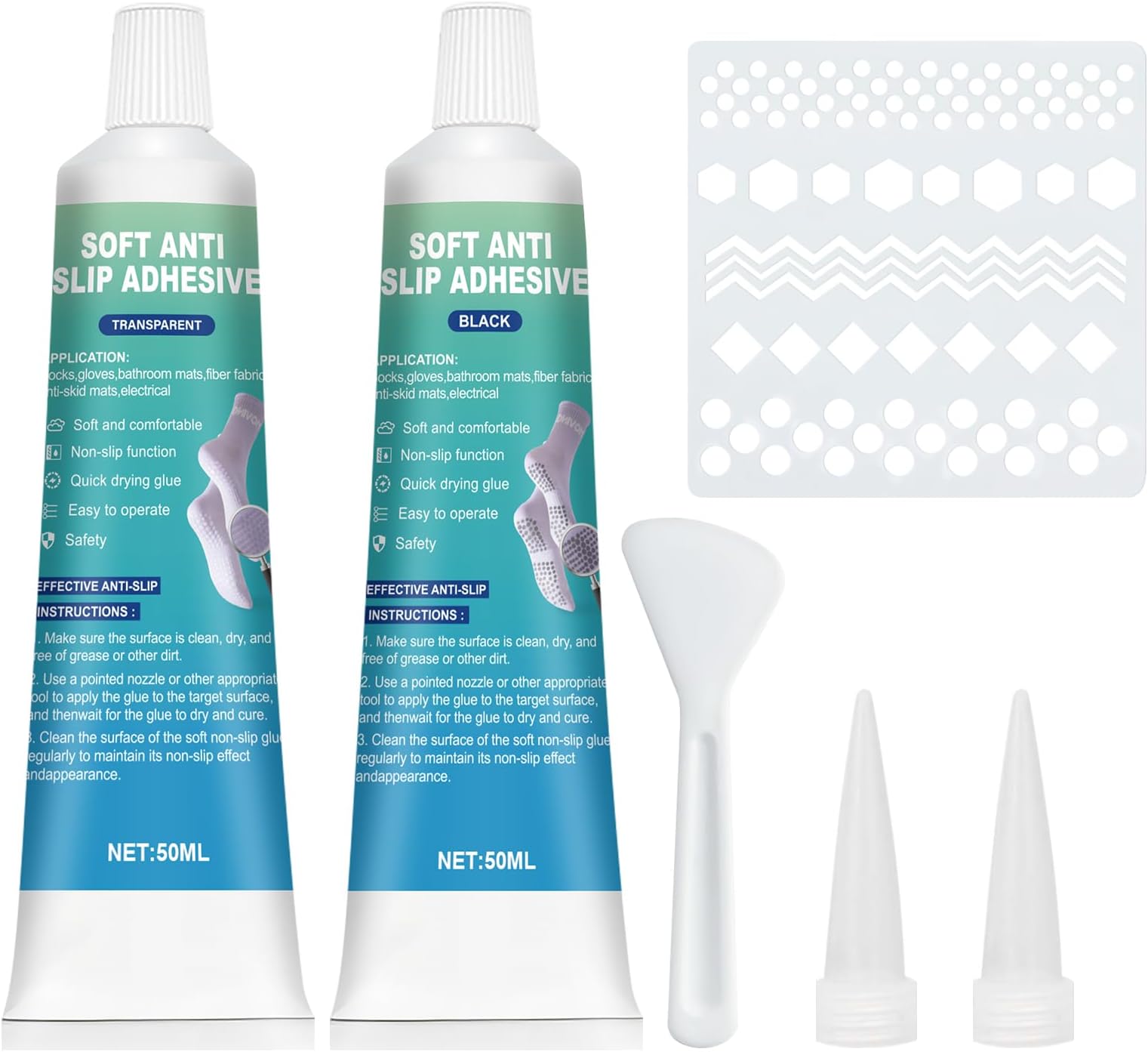 Ganbaro® Sock Stop Non Slip Adhesive,Fabric Paint for Anti-Slip Socks,Bathroom Mats,Appliance Anti-Slip Quick-Drying Soft Adhesive 50ml*2PC, black,translucent