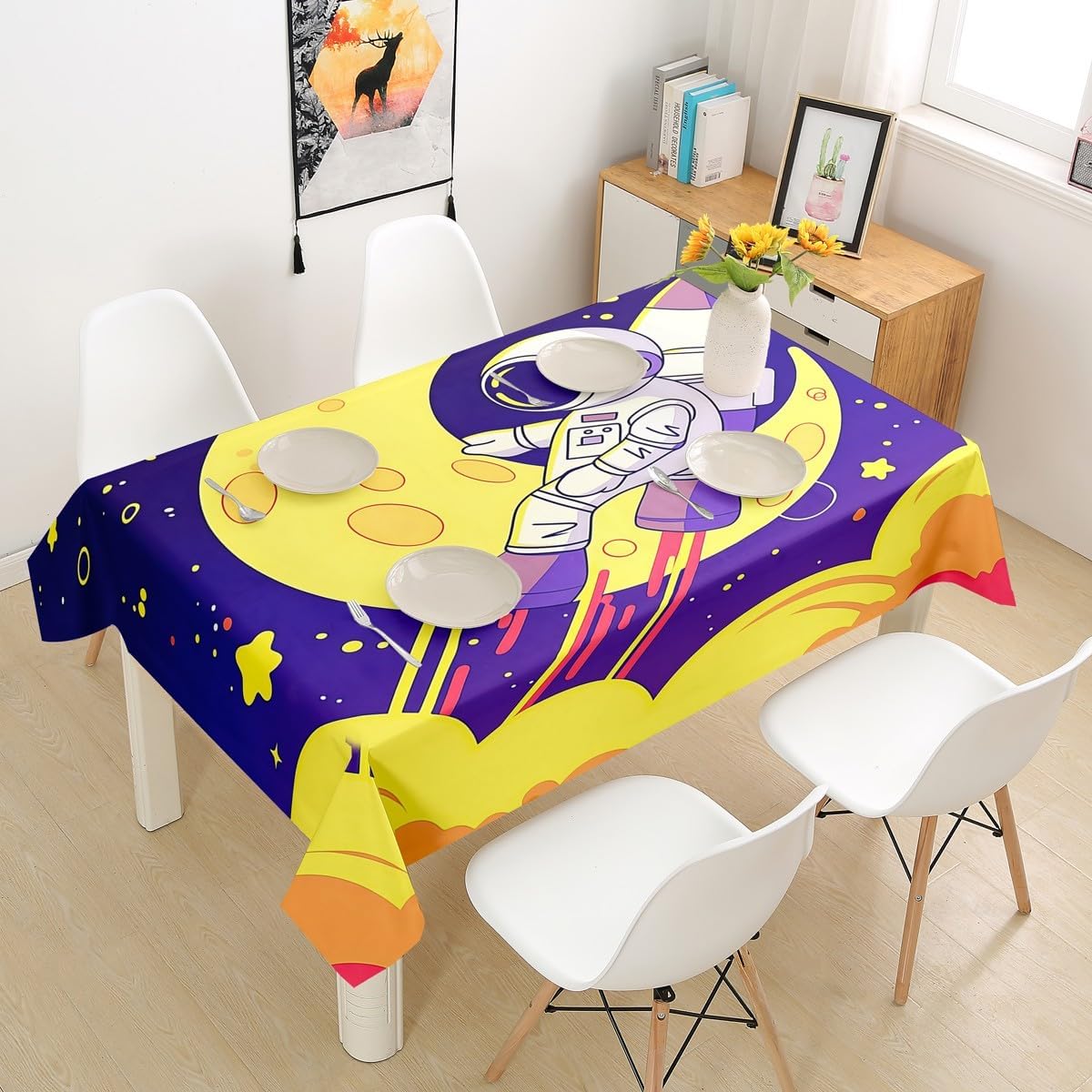 Cartoon Astronaut Tablecloths,Stars Cloud Moon Table Cloth for Kids Boys Teens Kitchen Dining Room Decor,Exploration Galactic Universe Table Accessories Colorful Stars Vivid Table Cover,55"x55"