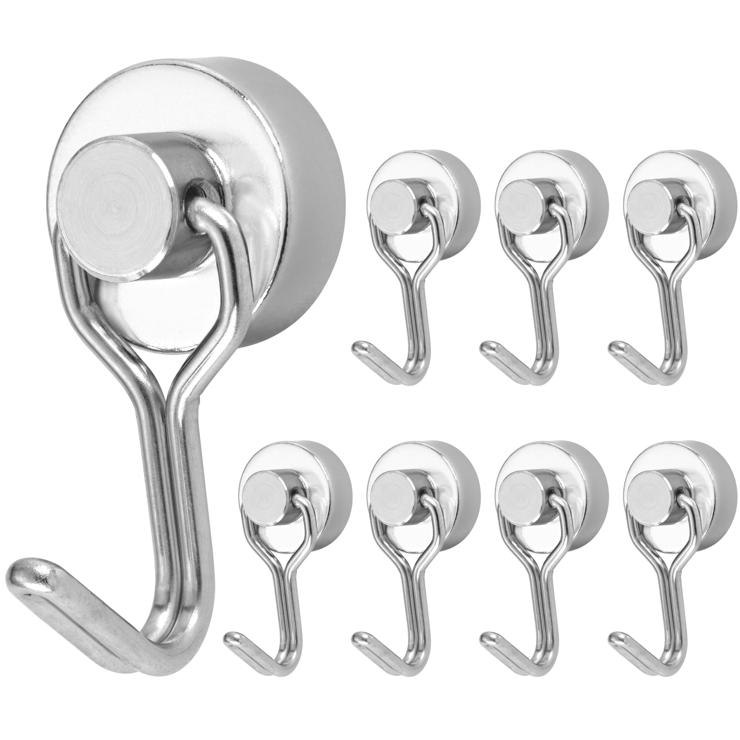 POPPSTAR Magnet Hook Extra Strong Rotatable 8 Pieces (8 kg Clamping Force, Length 3.3 cm, Diameter 1.6 cm) Neodymium Hook Magnets, Silver