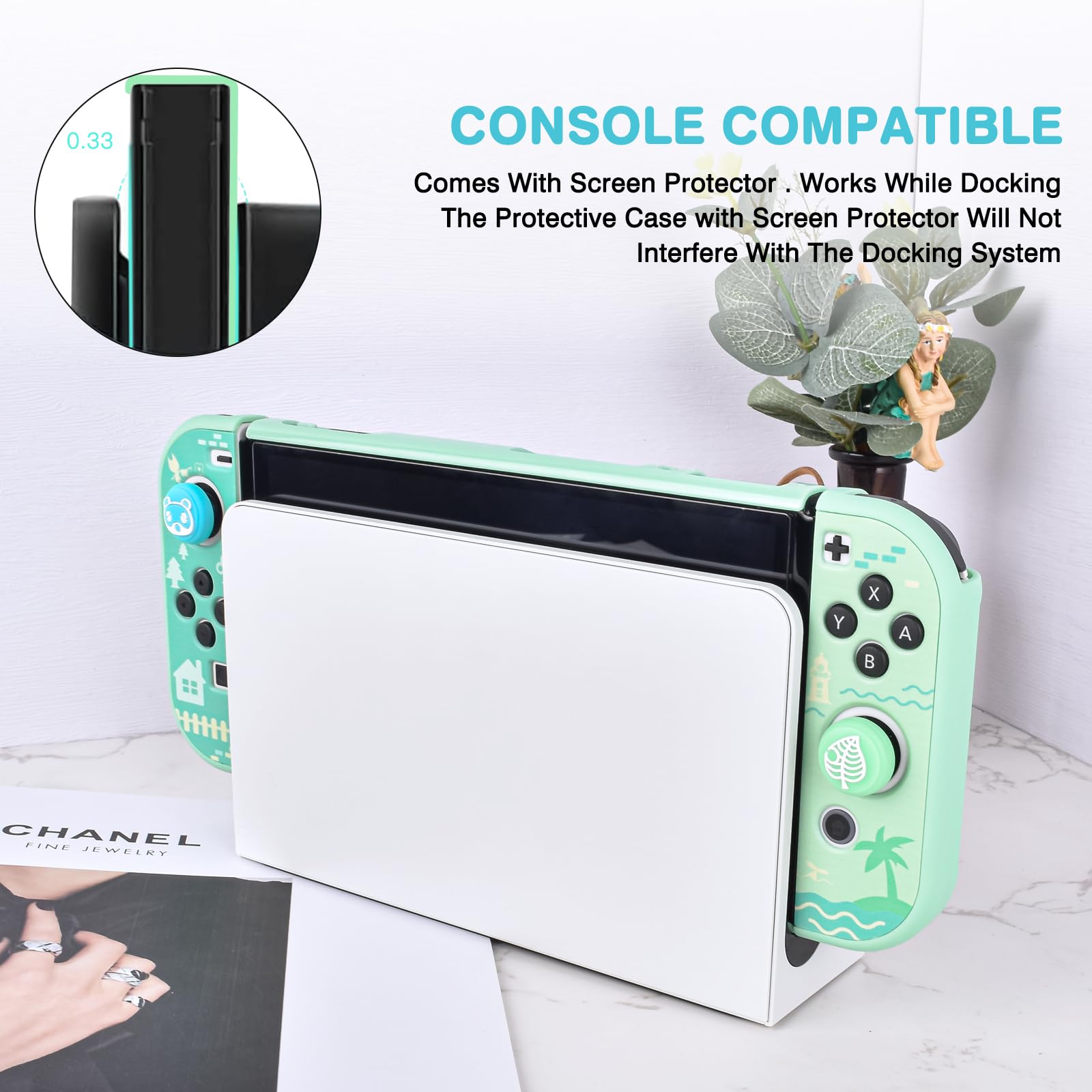 DLseego Cover per Nintendo Switch OLED, cover per PC assorbimento degli urti e antigraffio, con 2 pellicole in vetro temperato e 4 cappucci compatibile con switch OLED versione 2021, Animal Crossing