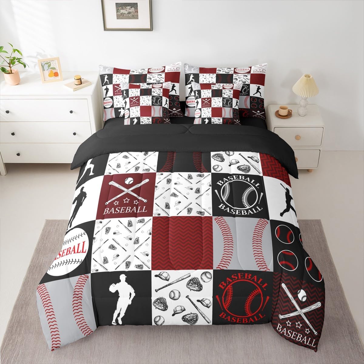 Feelyou Baseball Comforter Set with Sheets 7 Piece Twin Size Sports Geometric Grid Red Bedding Set for Kids Boys Girls Patchwork Baseball Bed in a Bag Room Decor Soft Lightweight Microfiber