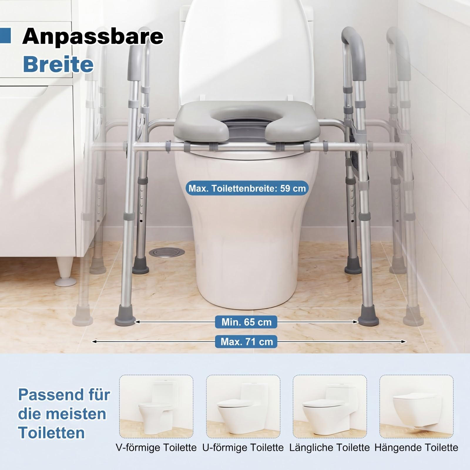 COSTWAY Toilettensitzerhöhung, WC Sitzerhöhung für Senioren, mit Griffen, gepolstertem Sitz, 5-fach höhenverstellbar 41,5-51,5 cm, verstellbare Breite, Aluminium, Erhöhter Toilettensitz, Weiß