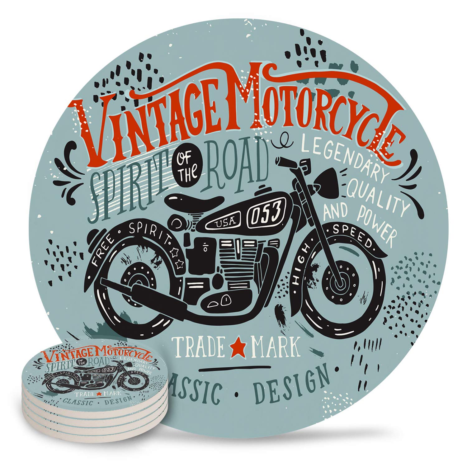Absorbent Drink Coasters Cool Motorcycle Quotes Round Table Coaster with Ceramic Stone and Cork Base for Home,Bar,Living Room Decor（Set of 6） Vintage