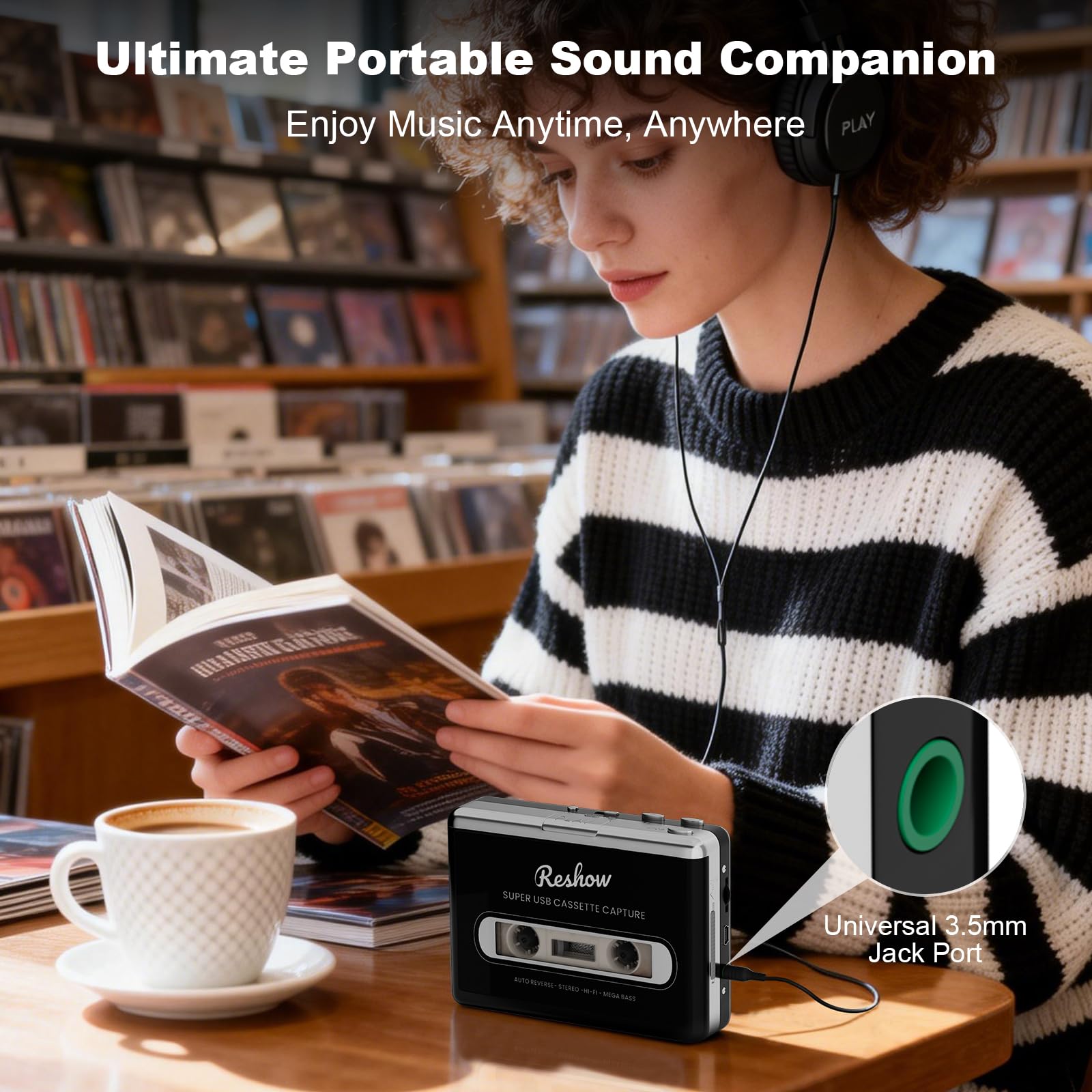 Reshow Lecteur de cassettes - Lecteur de cassettes portable - Convertisseur de cassettes audio analogiques vers numériques, compatible avec ordinateurs portables et ordinateurs personnels - Convertit