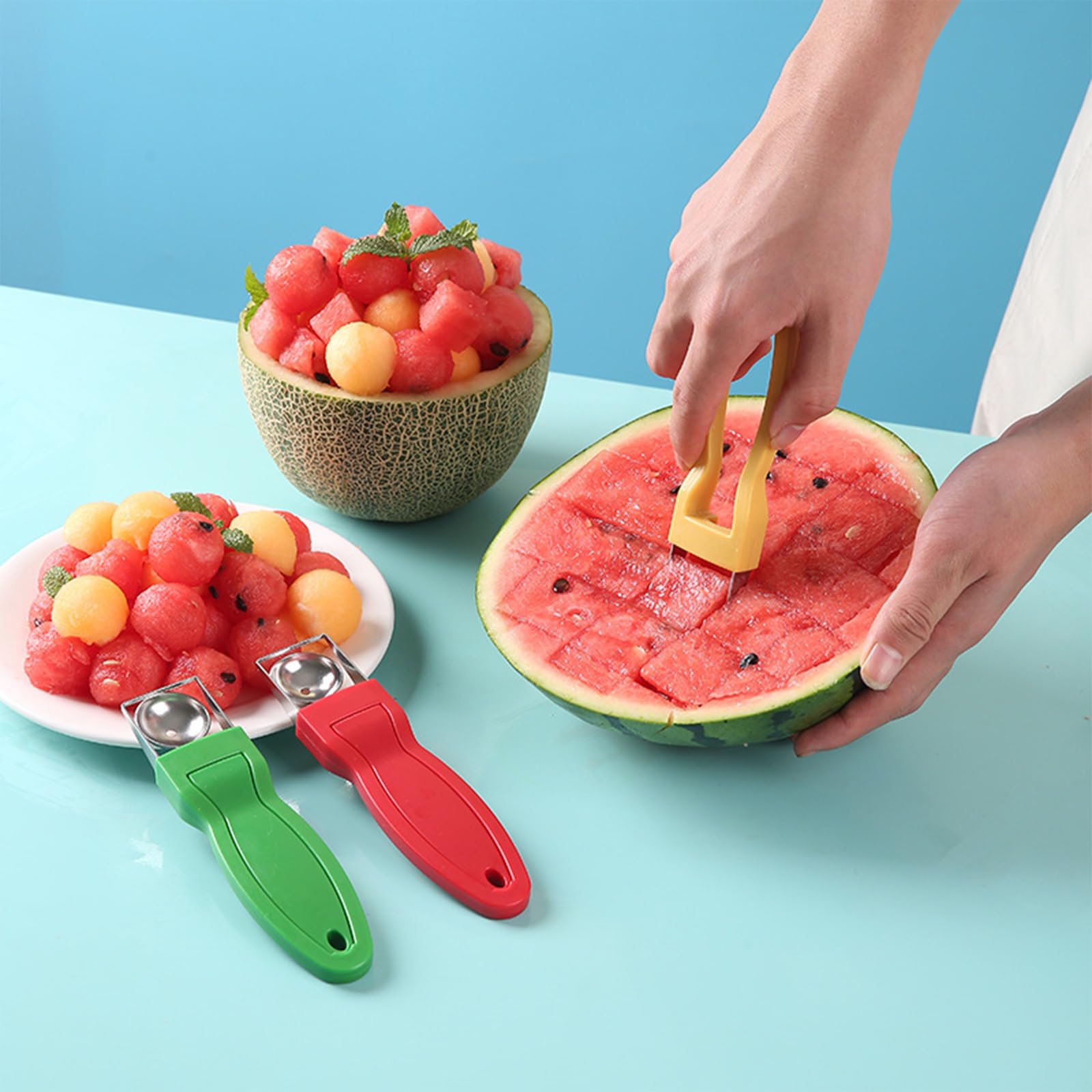 Affettatrice per melone, 2 in 1, per angurie, per frutta e angurie, in acciaio inox, per macedonia, 2 pezzi