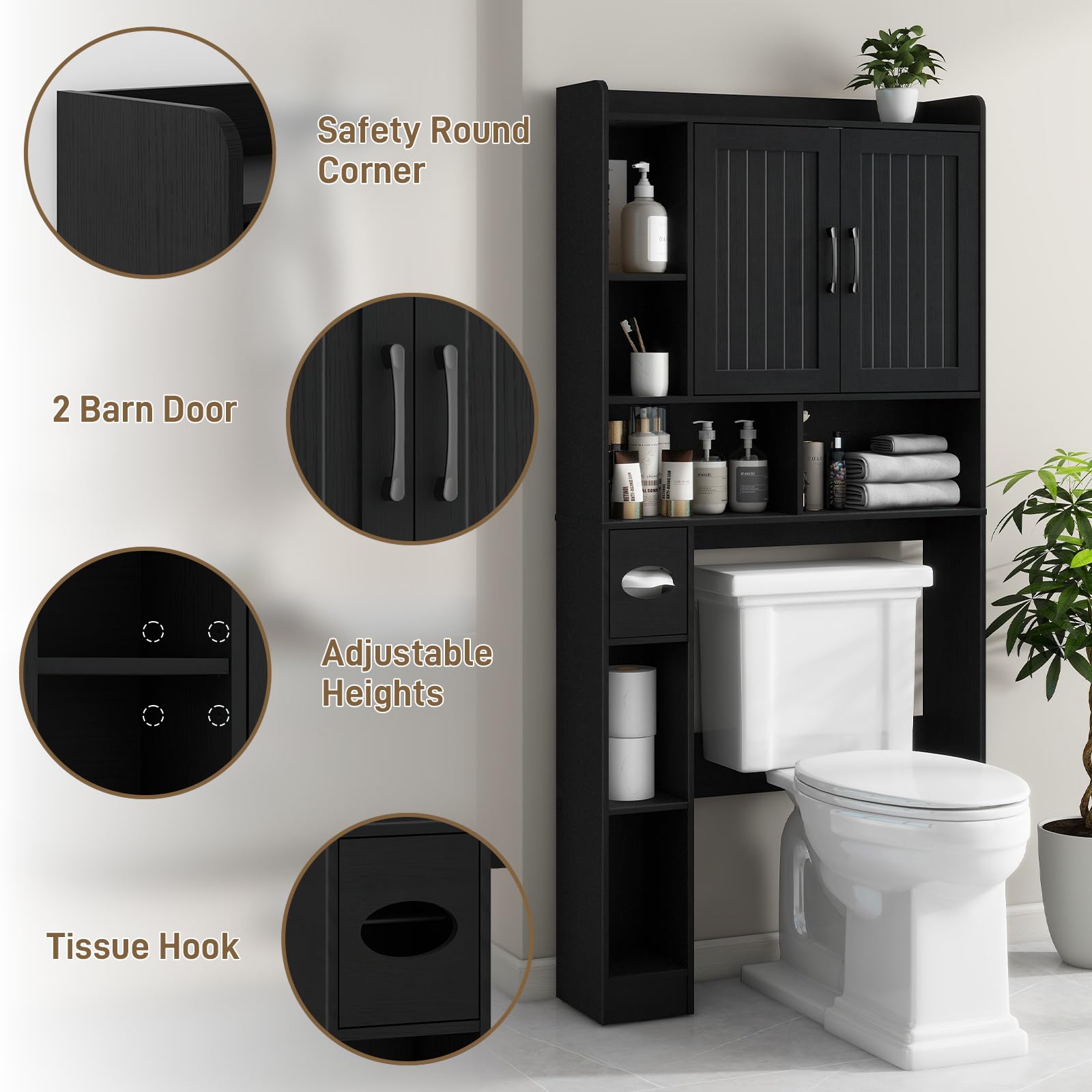 Vabches Over The Toilet Storage Cabinet, Farmhouse Storage Cabinet Over Toilet with Barn Door, Home Space-Saving Toilet Rack, for Bathroom, Restroom, Laundry(Black).: Black Barn Doors