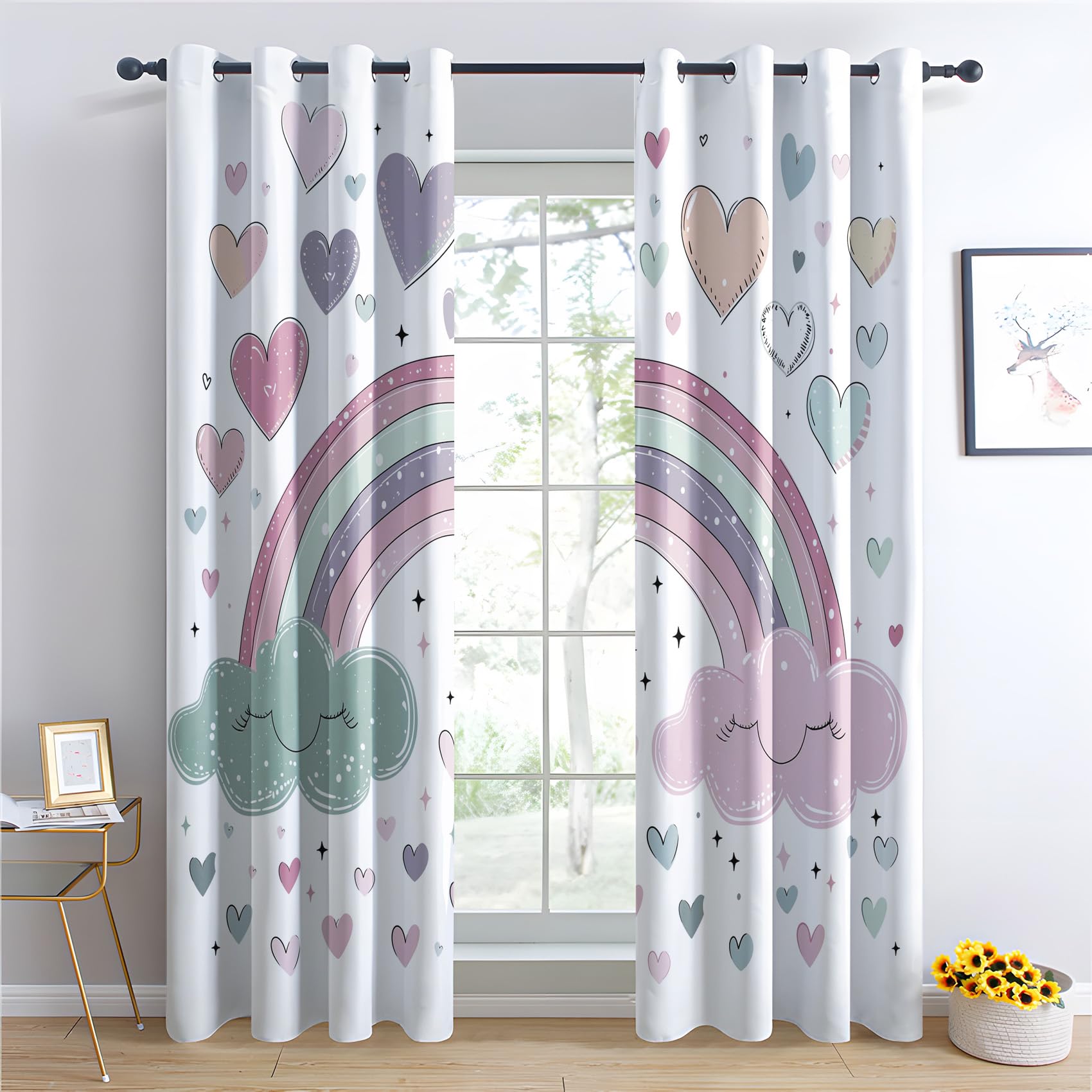 Regenbogen Wolken Vorhänge, Verdunklungsvorhänge mit Muster Kinder Mädchen, Vorhang Blickdicht mit Ösen, Gardinen für Wohnzimmer Schlafzimmer Kinderzimmer Deko 2er Set - 160x132 (H X B) (Gc-&379)