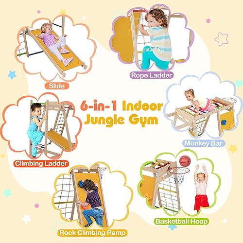 Miniatura 3 de Costzon Zona de juegos interiores, gimnasio Montessori 6 en 1 para niños con tobogán de bebé, pared de escalada en roca, aro de baloncesto, barra de