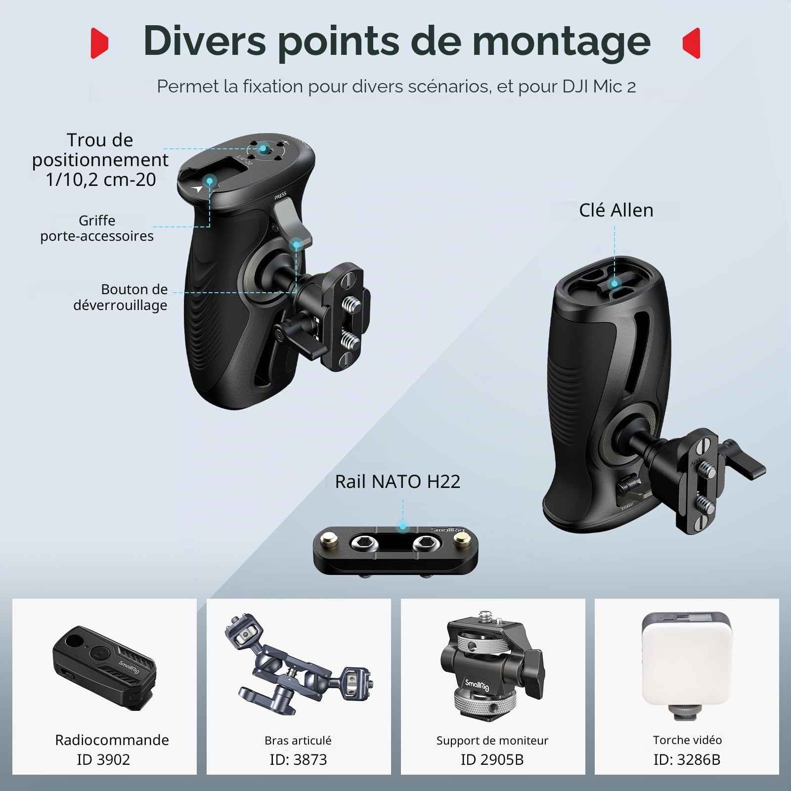 SMALLRIG Poignée Latérale Rotative à Bouton-Poussoir avec Pince OTAN, pour Gauchers et Droitiers, Rotation à 360° avec Silicone Antidérapant, Charge Max. 15 kg - 5160