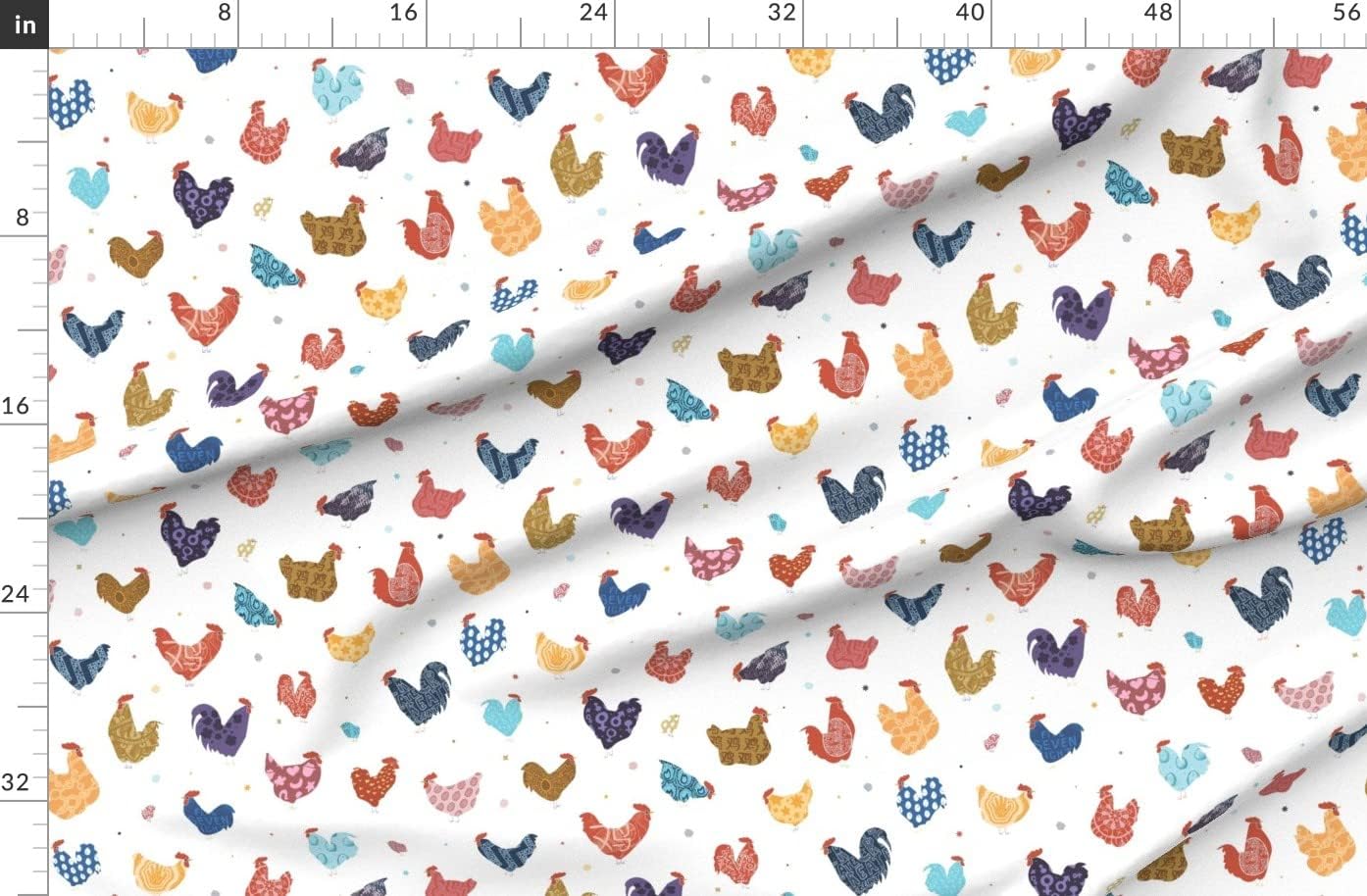 Spoonflower Fabric - Roosters Chickens Hens Baby Chicks Chinese Characters Rural Shabby Printed on Organic Cotton Sateen Fabric by The Yard - Sewing Quilting Apparel Home Decor