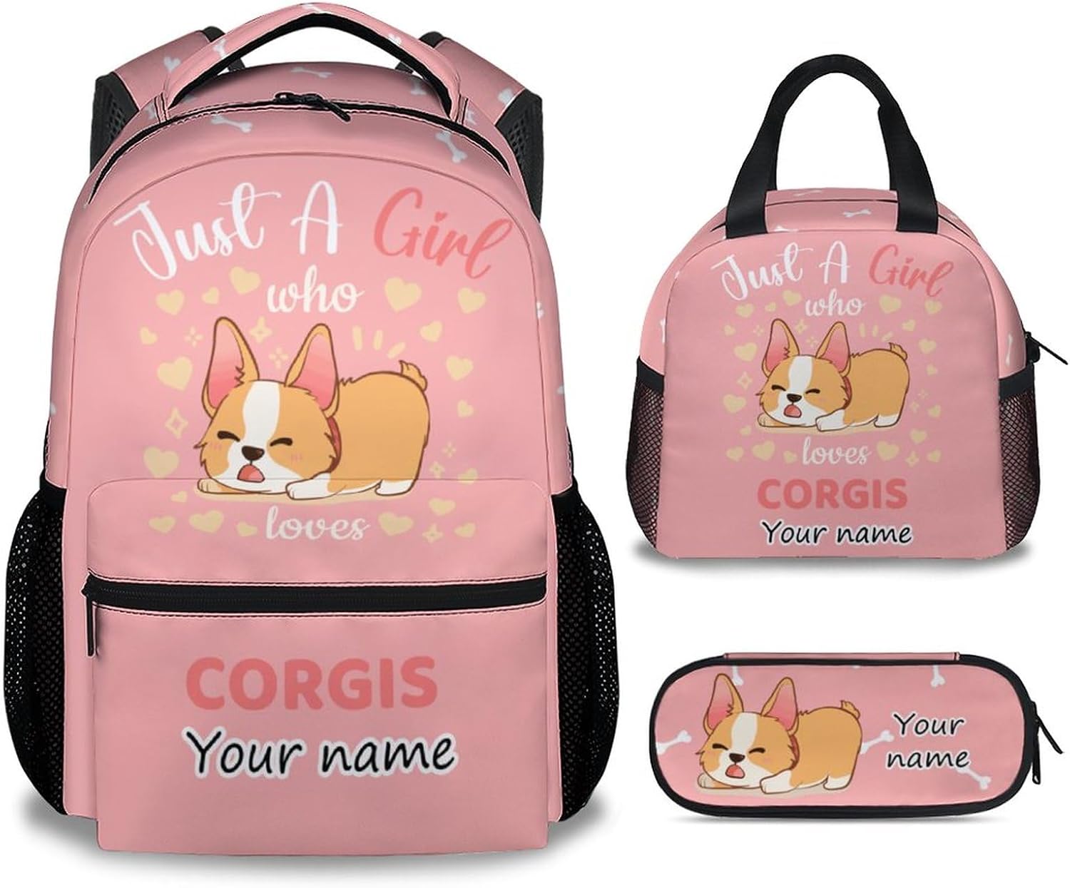 Corgi Backpack with Lunch Box Set for Girls Boys, 3 in 1 Primary Middle School Backpacks Matching Combo, Large Capacity, Durable, Lightweight, Pink Bookbag and Pencil Case Bundle