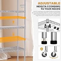 Vista 7 de YNN Estantes de almacenamiento, 6000 libras, estantería de metal resistente de 6 niveles con ruedas y 8 ganchos, estante de alambre ajustable