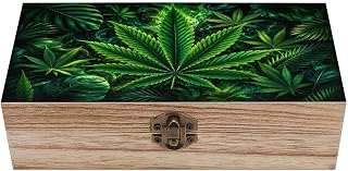 Lush Green Botanical Dreamscape With Glowing Leaves Wooden Storage Box with Hinged Lid for Women, Compact Durable Jewelry Gift Box for Preserve Photos Letters Small Heirlooms
