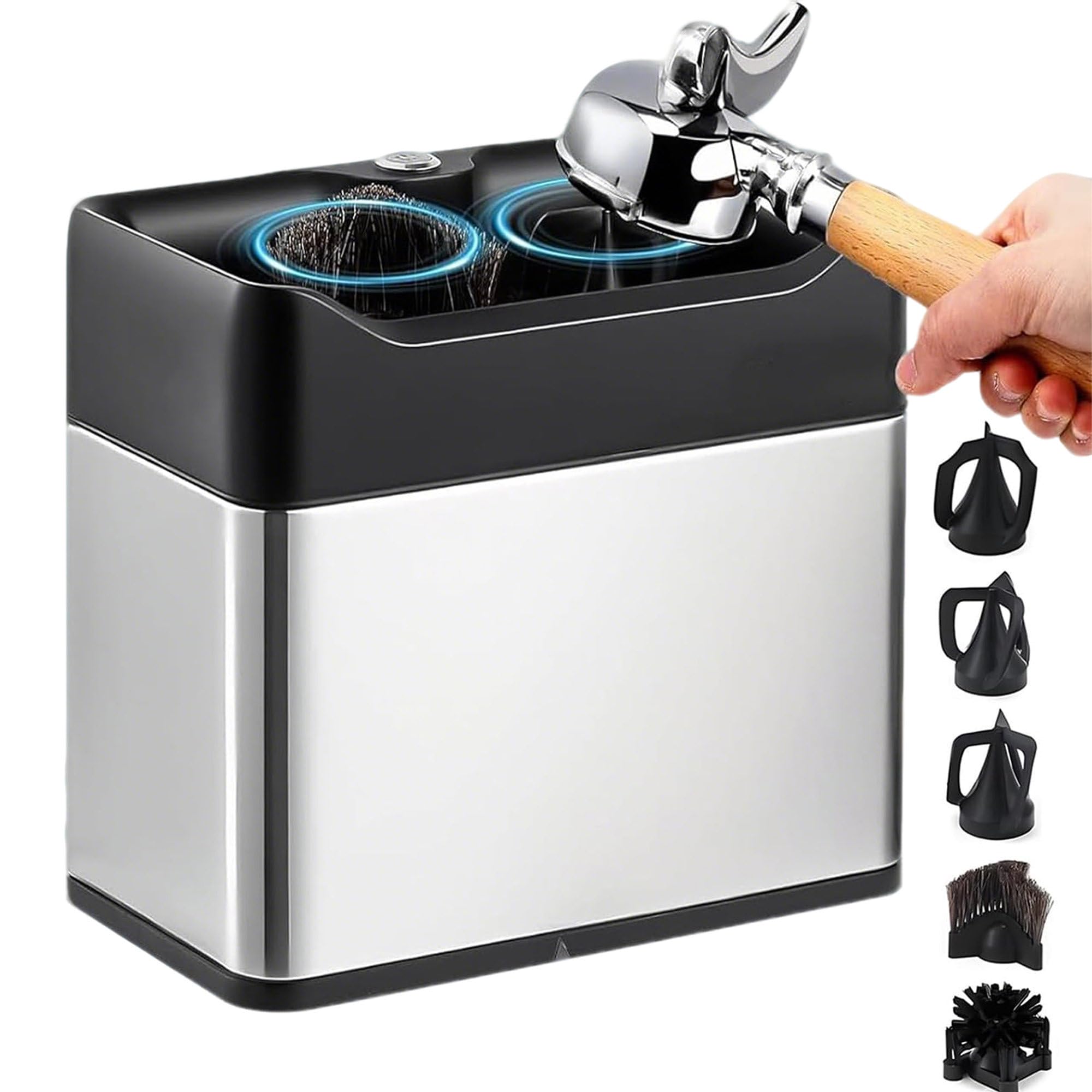 Uniwersalna Automatyczna Stacja Czyszcząca do Portafiltra, 3L Elektryczny Przyrząd do Usuwania Fusów Kompatybilny z Portafiltrami 51/58 mm, 2 Szczotki i 3 Skrobaki Silver