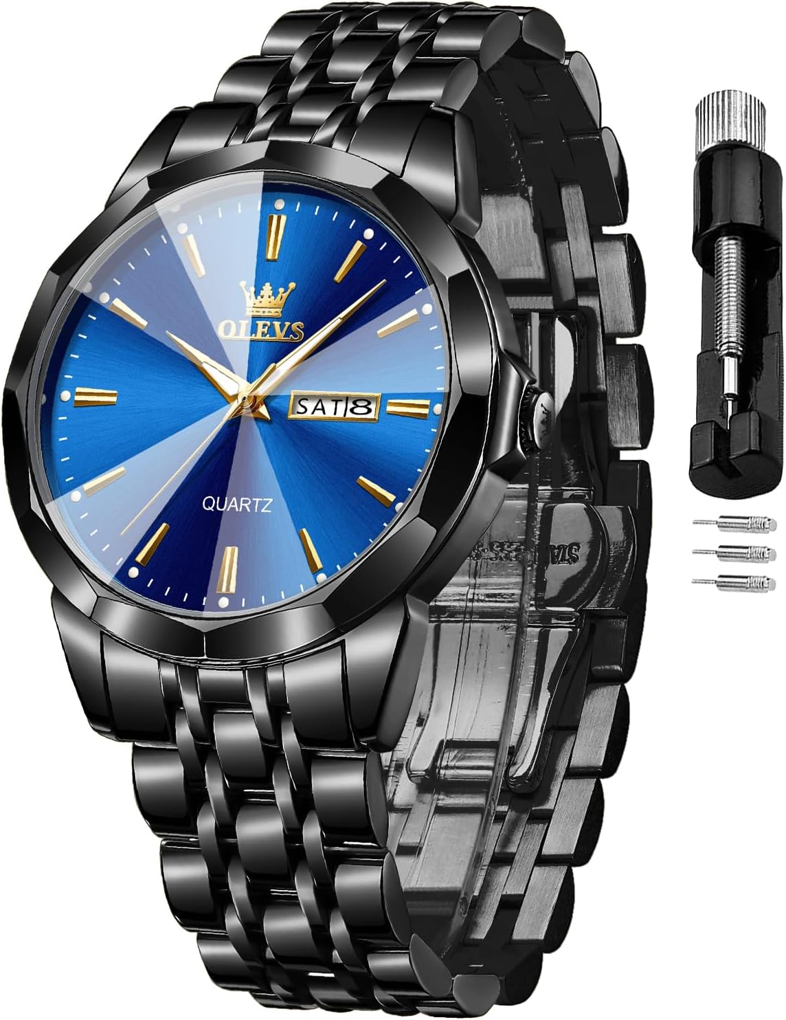 Men's Watch Luxury Business Dress Watch UK Diamond Design Quartz Stainless Steel Waterproof Luminous Week Calendar Gift