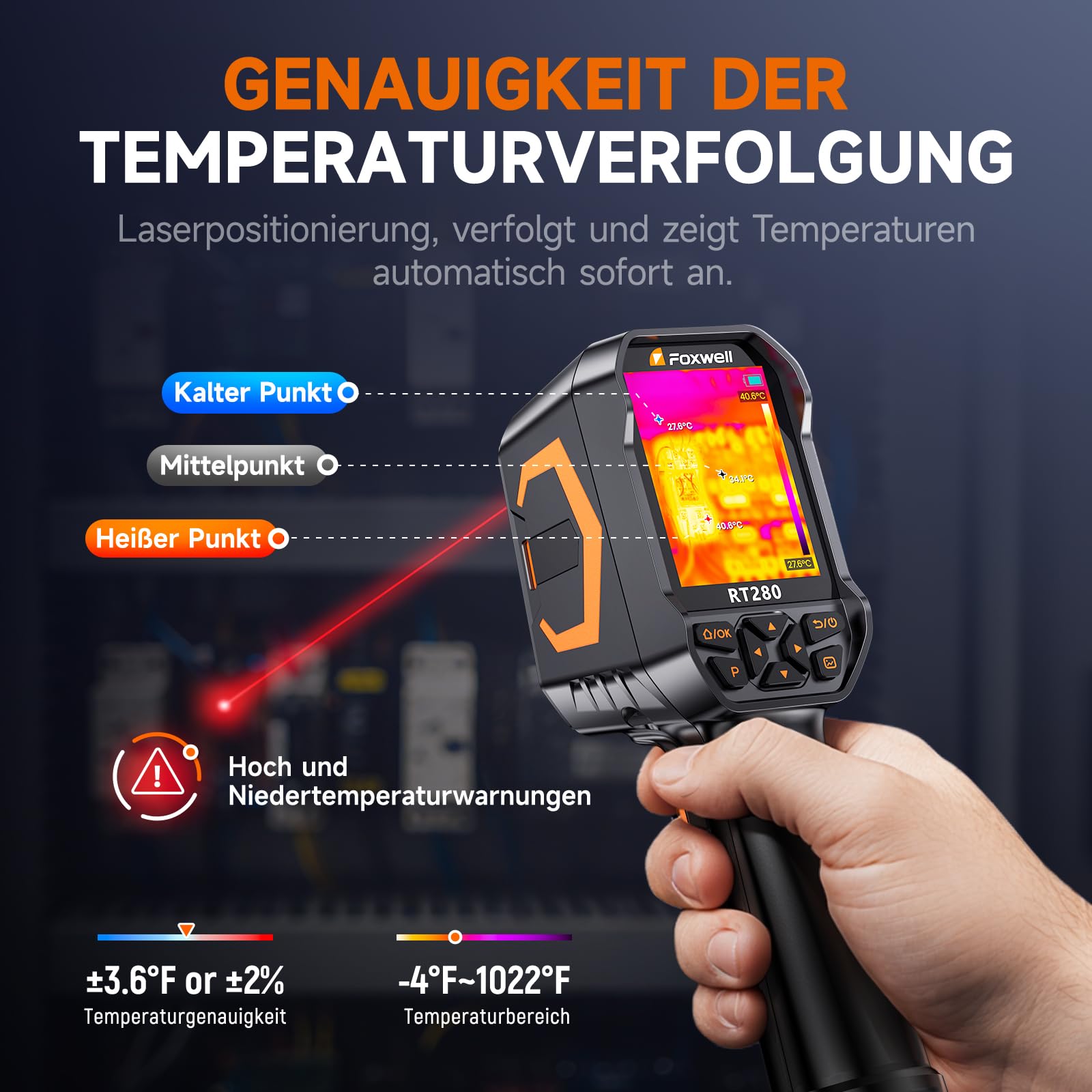 FOXWELL Wärmebildkamera RT280, 320 X 240 2,8“ LCD Bildschirm tragbare Thermal Camera, 240x180 TISR-Auflösung, -20°C bis 550°C, 25Hz Wärmekamera mit Laser, 8GB, PC-Analyse, Videoaufzeichnung(320*240)