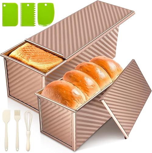 Paquete de 2 moldes para pan con tapas, capacidad de masa de 1 libra, molde para pan Pullman de acero al carbono antiadherente para sándwich casero