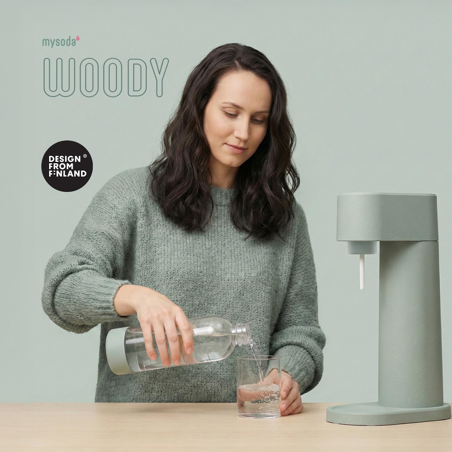 Mysoda Woody – Machine à eau pétillante en composite de bois, avec bouteille PET Quick-Lock sans BPA et cylindre CO2 – Vert sauge (Pigeon)