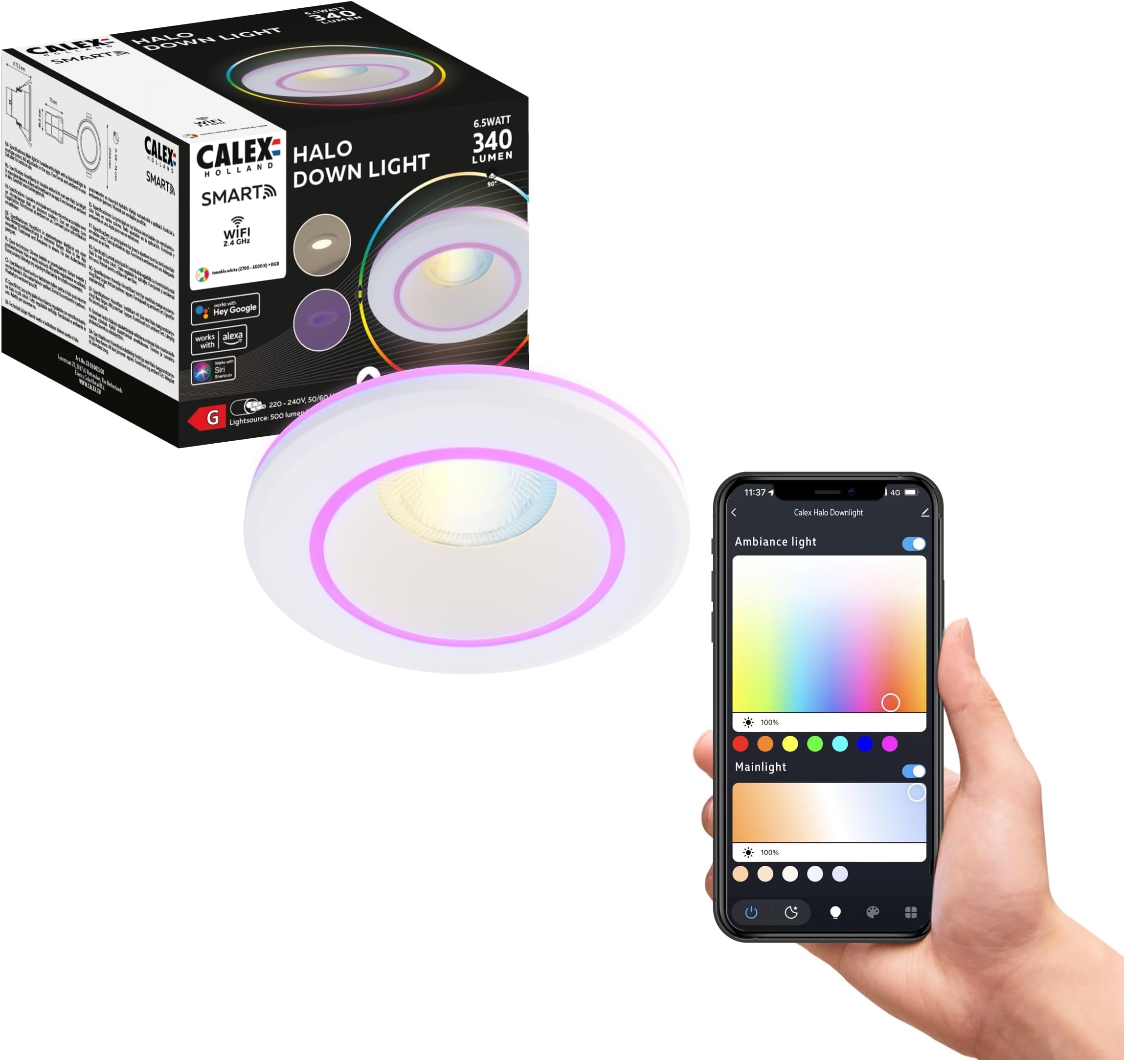 Smart LED Halo Downlight, WiFi Ceiling Light, CCT 2700-6500K + RGB, App and Works with Amazon Alexa and Google Home, Dimmable, White
