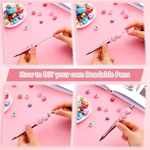 Miniatura 4 de 20 bolígrafos de plástico para cuentas y 88 cuentas multicolores, espaciador de cristal, juego de tinta negra para suministros escolares de oficina