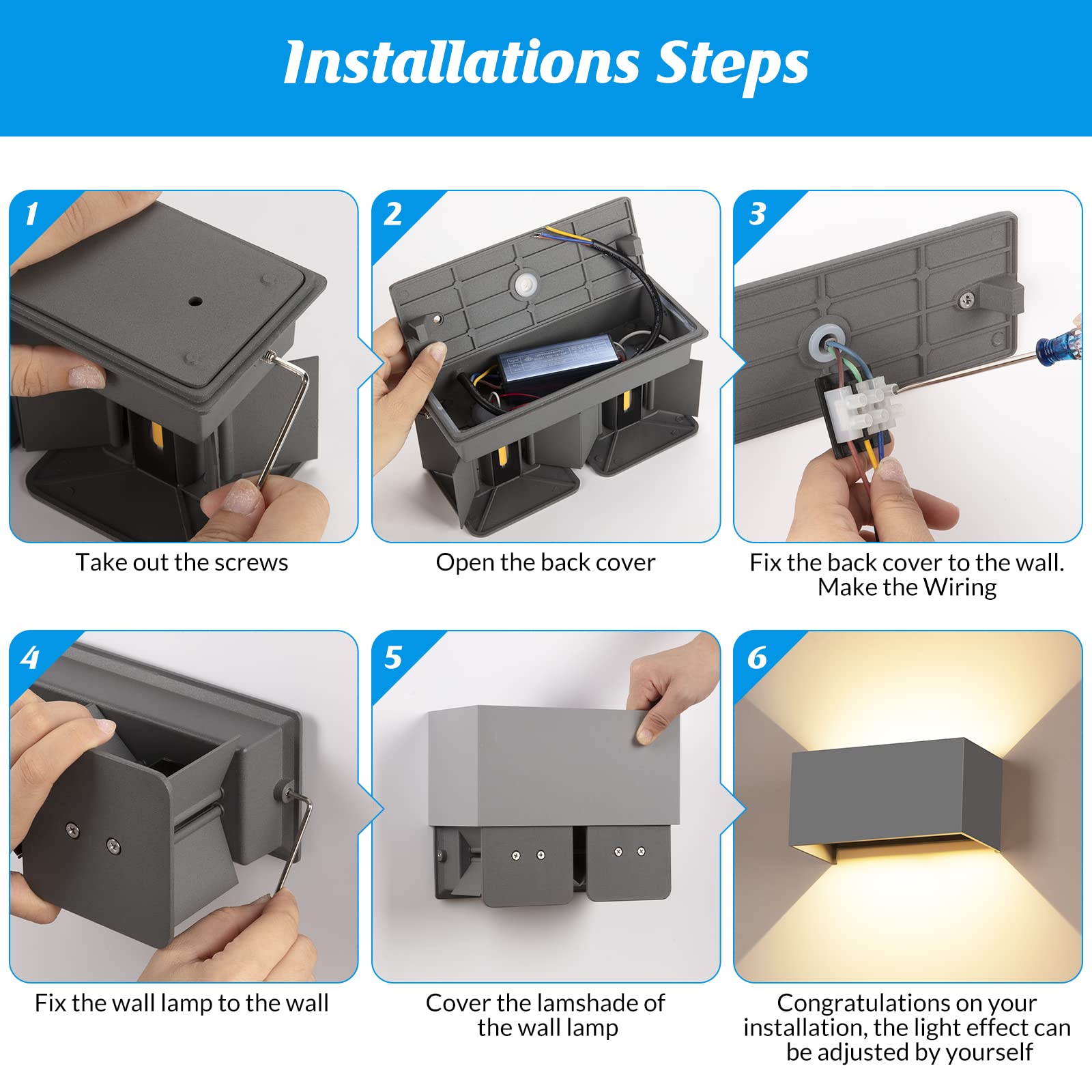 Lampade da parete a LED da 24 W, per interni grigi, 4 pezzi su e giù, fascio di luce regolabile, lampada da parete per esterni, luce bianca calda, 3000 K, per esterni, IP65, impermeabile