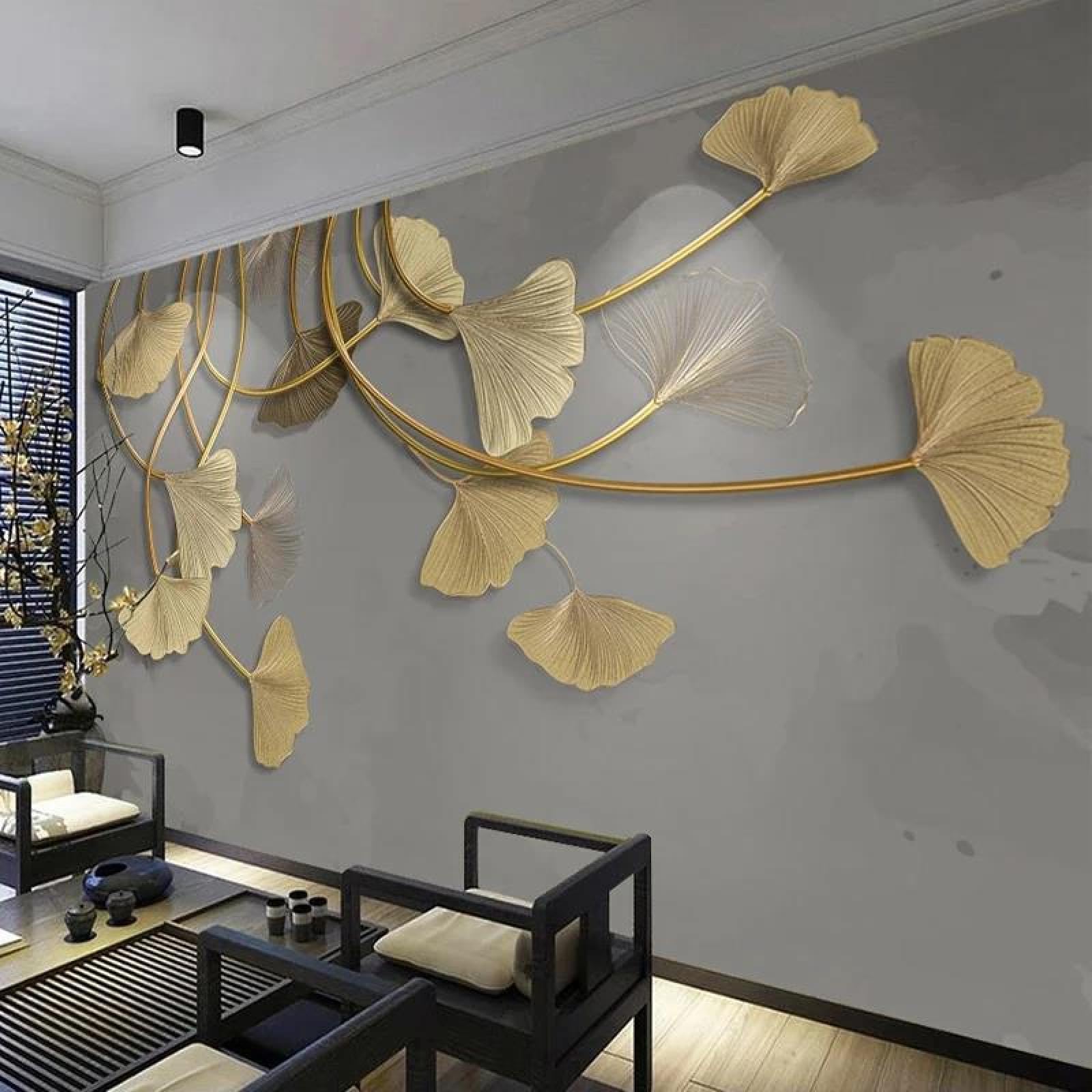 Papier peint tridimensionnel doré ginkgo de prestige en PVC adhésif pour chambre