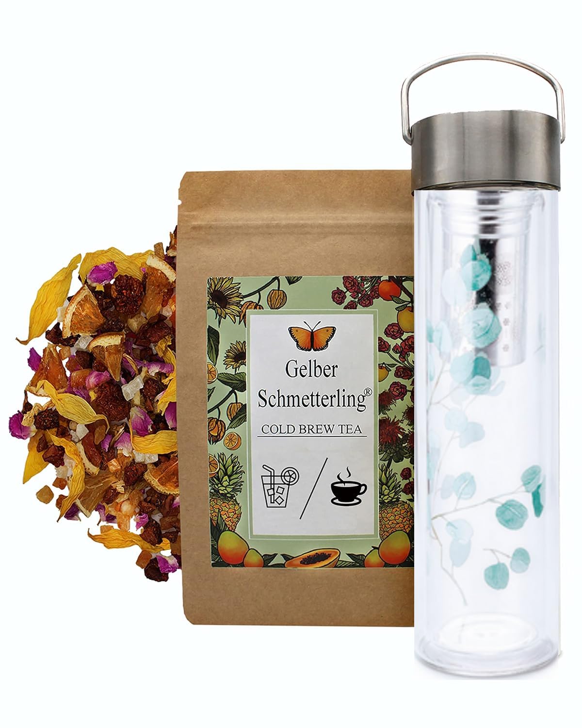 Teeparadies Löw Gelber Schmetterling Mango Mandarine Früchtetee Lose 500g - Mild & Natürlich - Tee Warm & Kalter Tee Kalt Aufgießen - Hot & Cold Tea Teemischung - Mit 0,35 L Cold Brew Flasche
