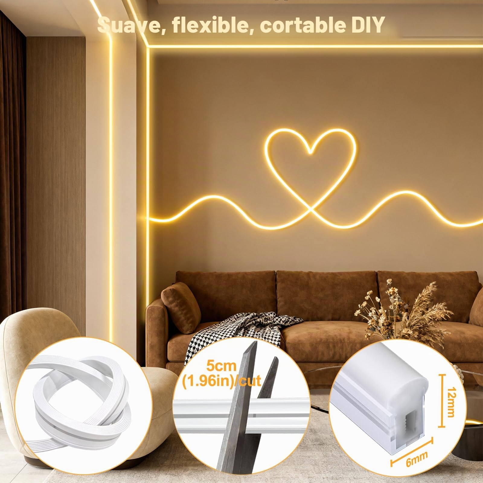 Tira LED Neón 10M Regulable 1200 LEDs Blanco Cálido 2700K 24V Luz Neón LED IP65 Impermeable Silicona Flexible para Dormitorio Cocina Bar Decoración Interior y Exterior