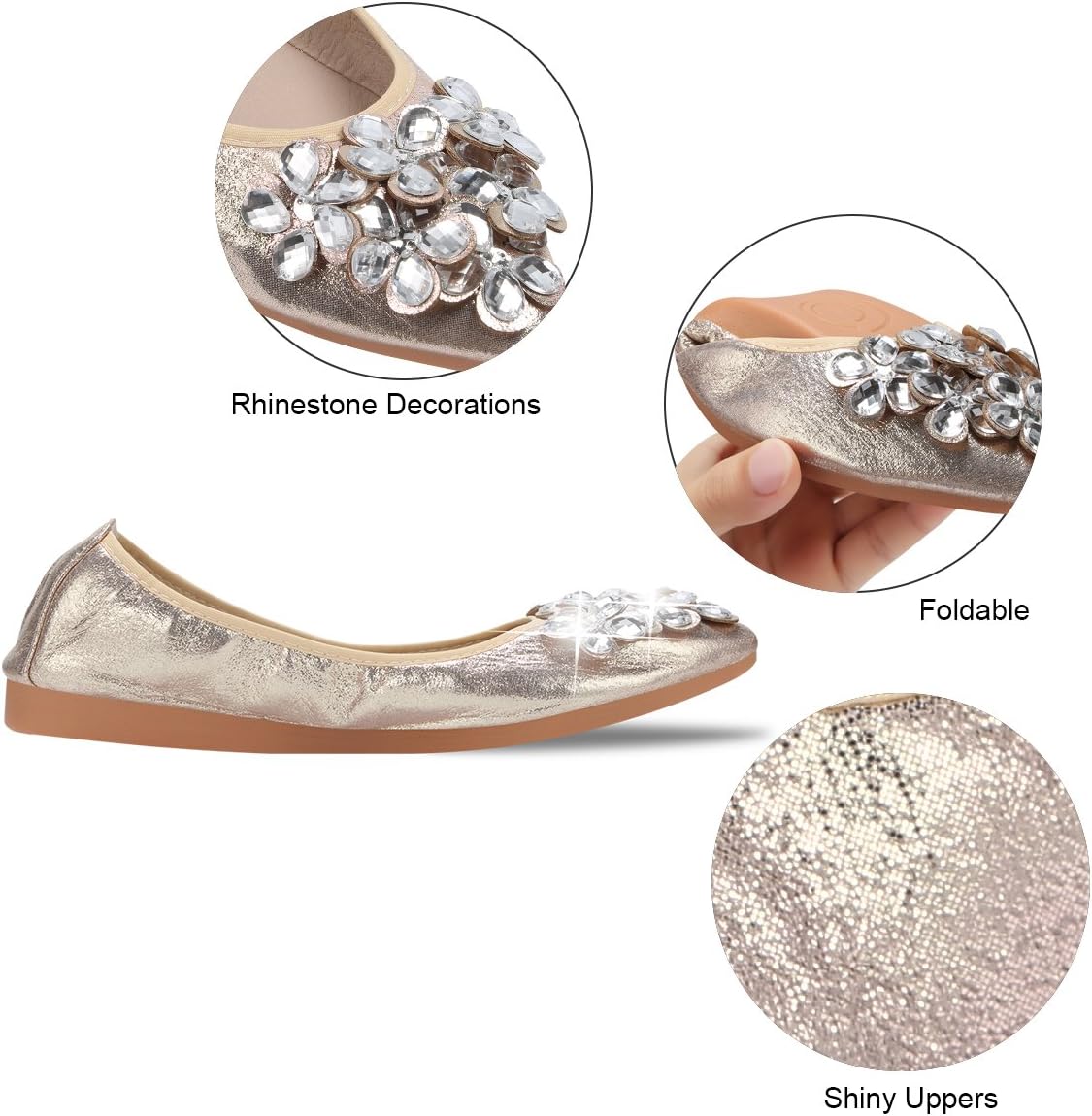 KUNWFNIX Women Ballet Flats Rhinestone Wedding Ballerina Shoes Foldable Sparkly Comfort Slip on Flat Shoes - Image 4