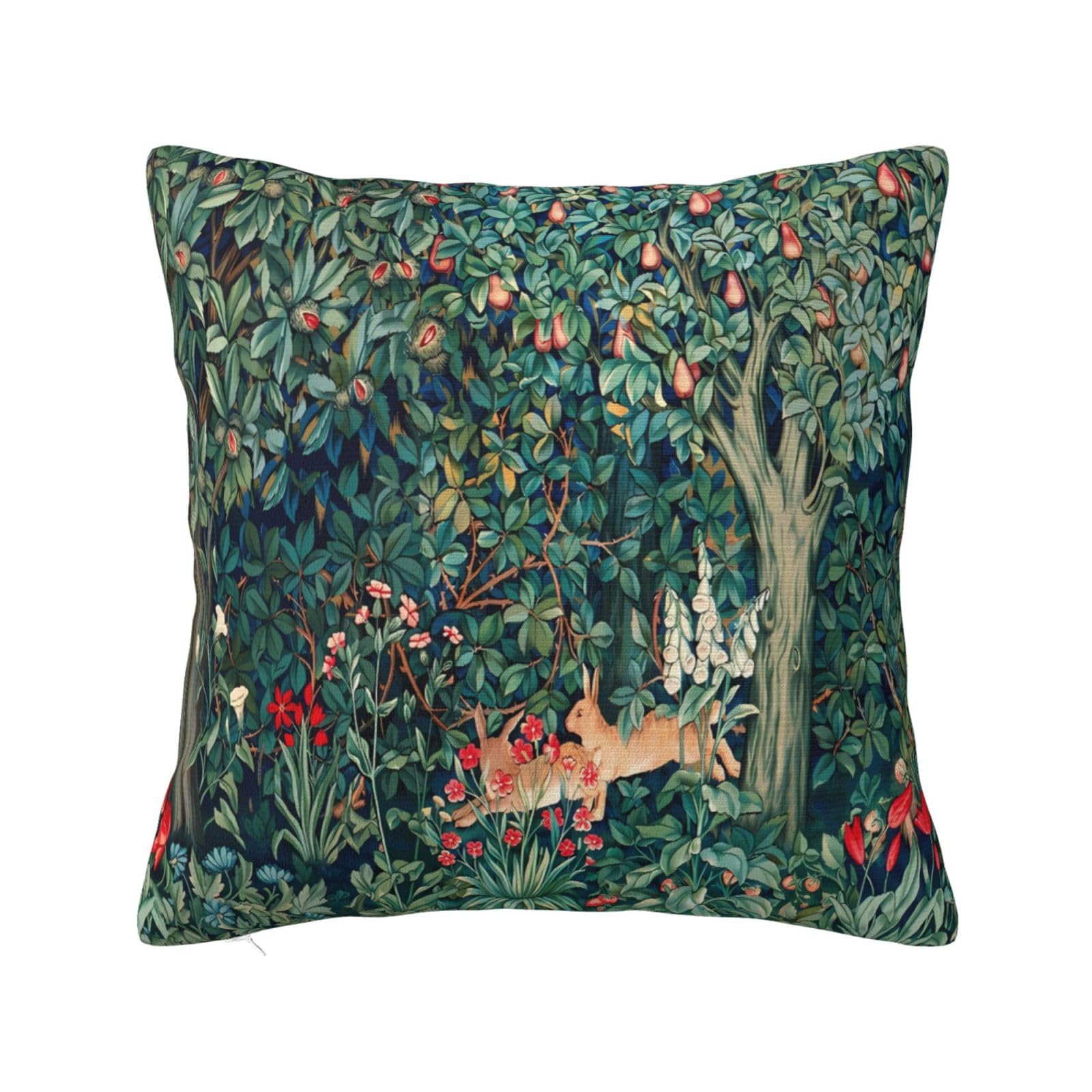 Keebik William Morris Fox Hares Blue Green Floral Fores Throw Pillow Cover Soft Decorative Throw Pillowcases Cushion Case for Home Decor Living Room Bed Couch Car 16x16 Inch