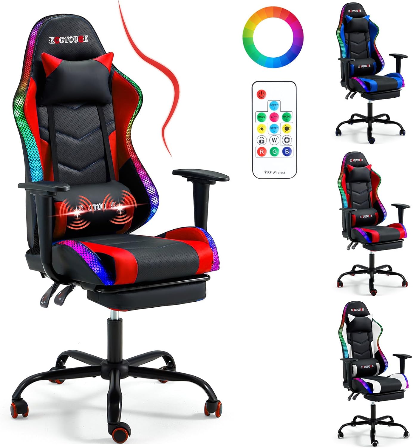 ECOTOUGE LED Gaming Chair, Ergonomic Computer Chair with LED Lights, Massage Video Game Chair with Footrest and Lumbar Support, 360° Swivel High Back Office Desk Chair, Red - Amazon product rated Grade F