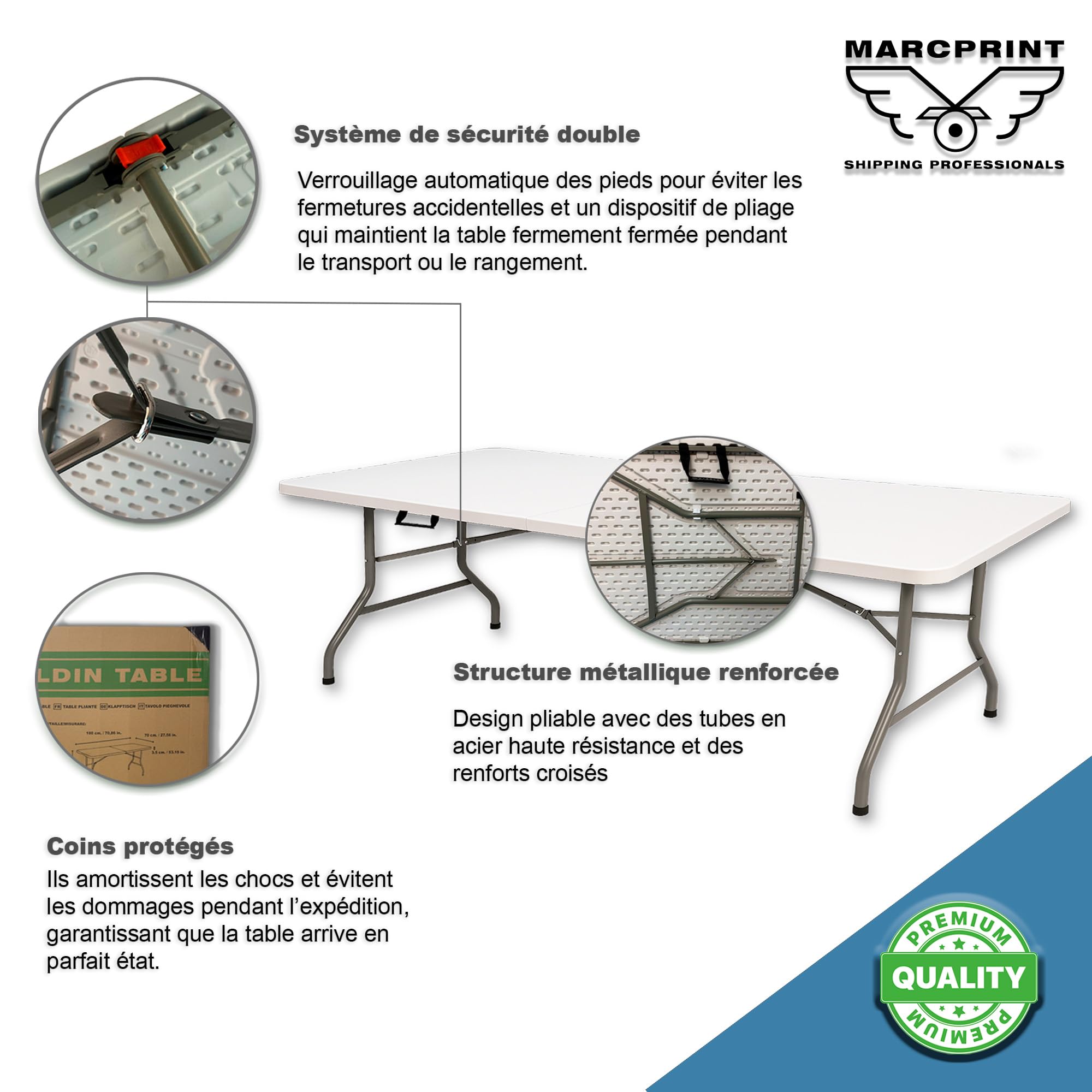 Table Pliante, 8 Places 180 x 74 x 70 cm,175 kg Max - Table Pliante Exterieur, Interieur Rectangulaire - Table de Jardin Pliante Blanche, Buffet, Fêtes, Camping - Stable et Robuste