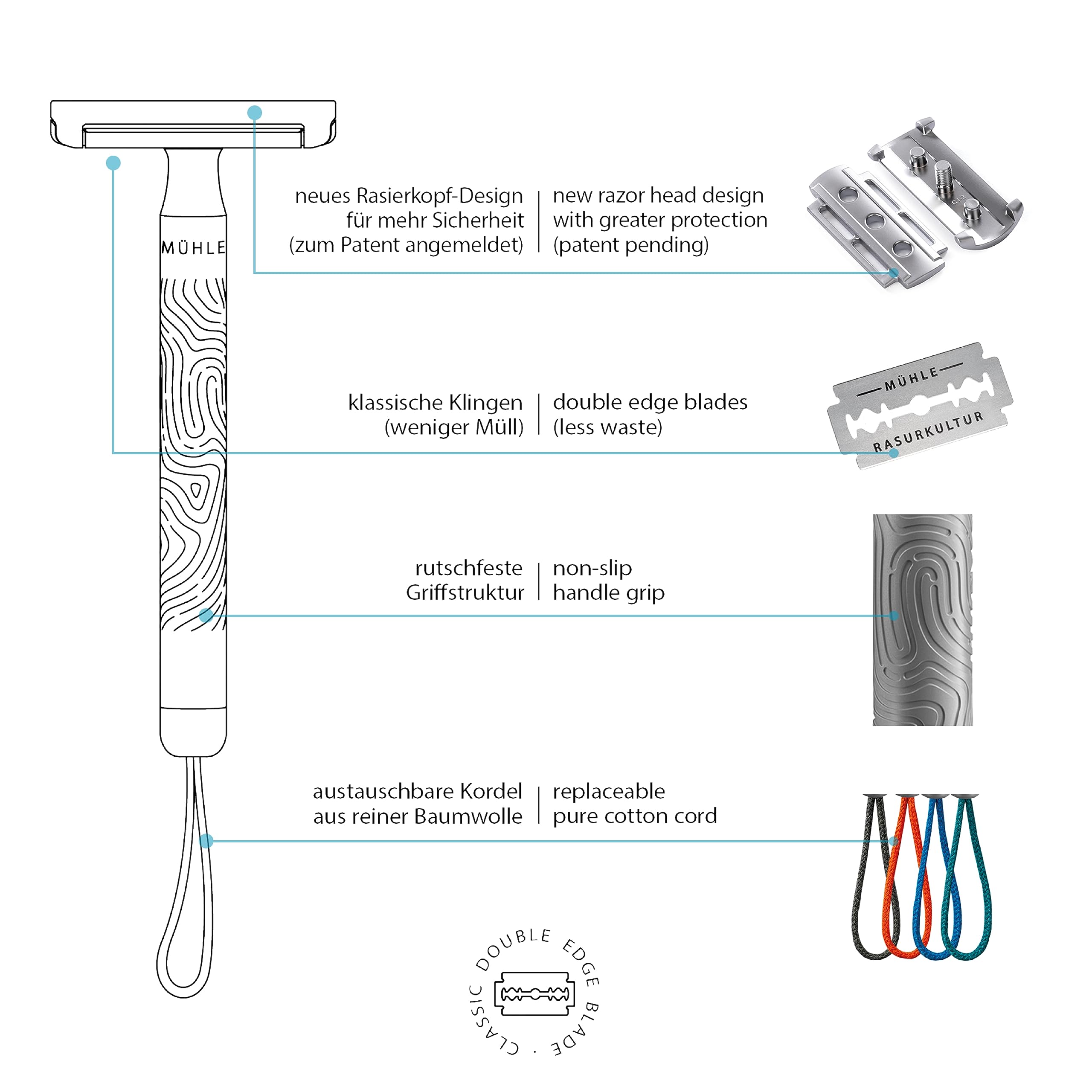 MÜHLE Companion Rasierset 5 tlg. - Unisex Sicherheitsrasierer mit blauer Kordel, Klinge, Creme, Tuch – vegan, nachhaltig