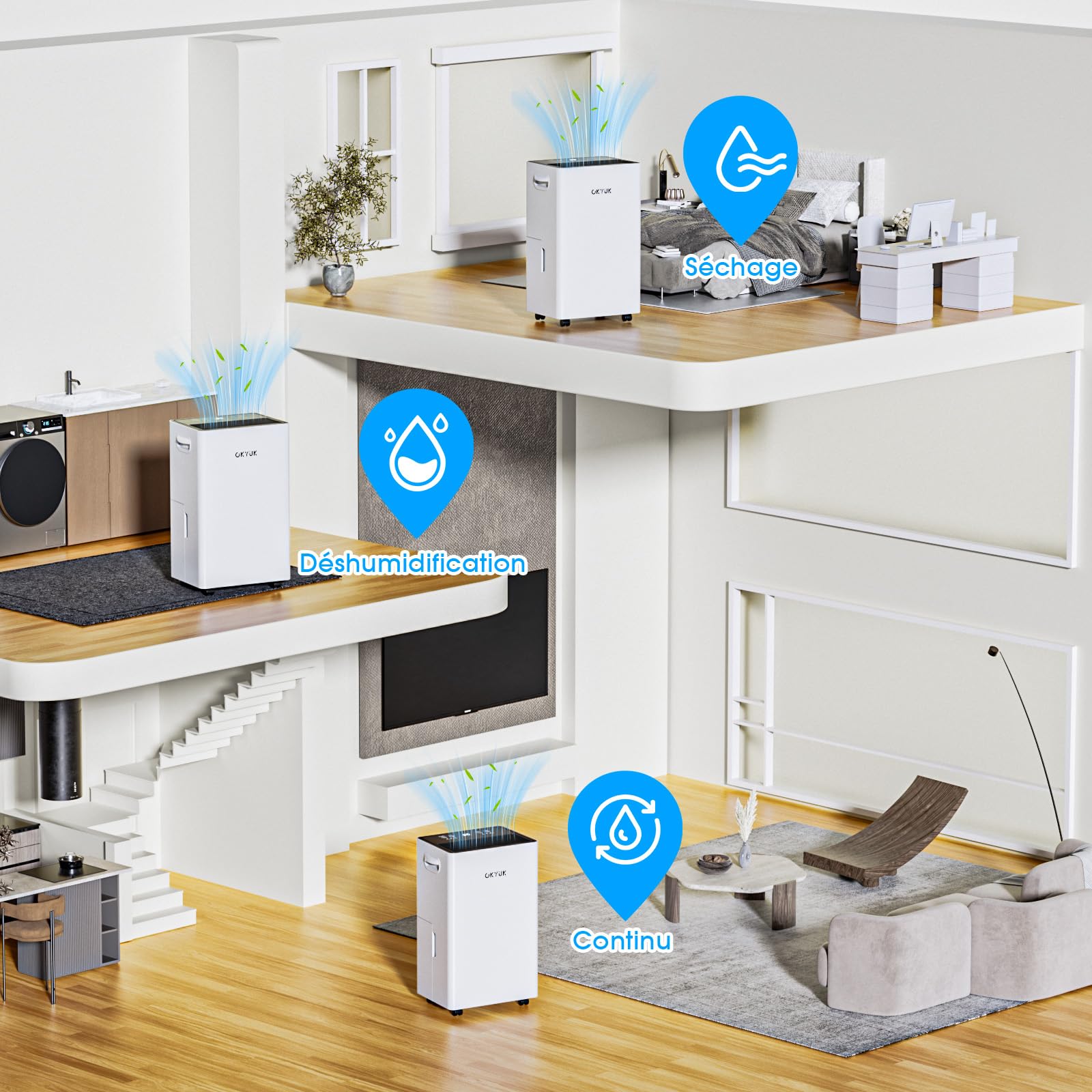 OKYUK Deumidificatore 20L/Giorno, deumidificatore casa 5.5L serbatoio d'acqua, 60 m²con spegnimento automatico Timing 24H, bagno, camera da letto, cantina.Sost. 1 anno, Garan. 10 anni. (20L Bianco)