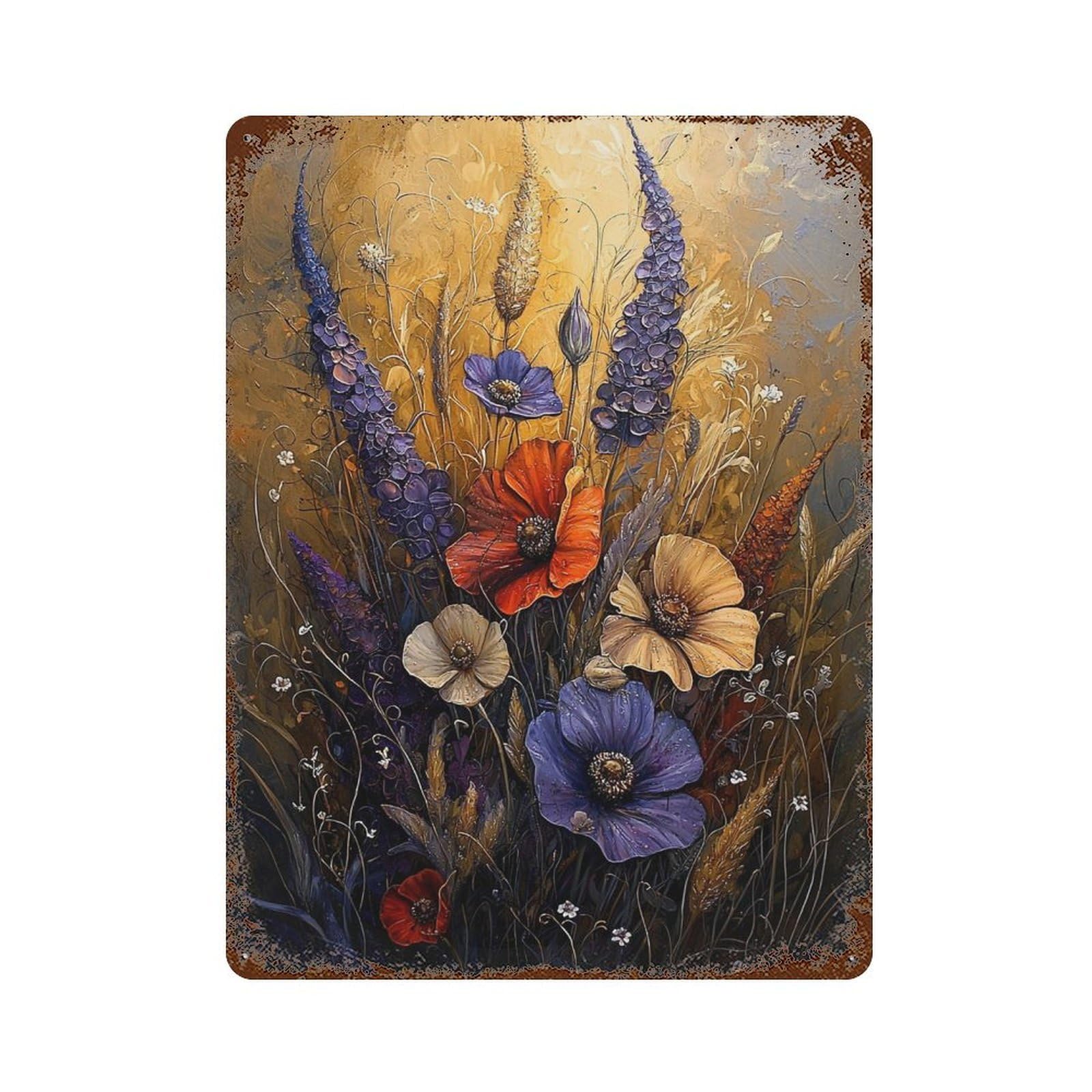 Aged Metal Wall Plaque Wildflower Field Painting 15.7"x11.8", Classic Wall Plaque for Patio, Garden Room And Bar Decor