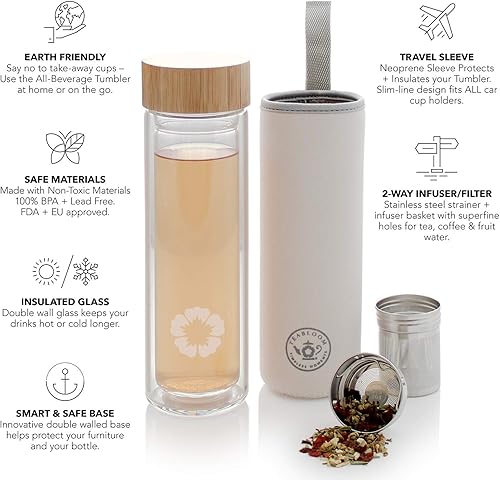 Miniatura 2 de Teabloom All-Beverage Tumbler – 15 oz / 450 ml – Tempered Glass Travel Bottle – Hot and Cold Tea Infuser – Cold-Brew Coffee – Fruit-Infused Water –